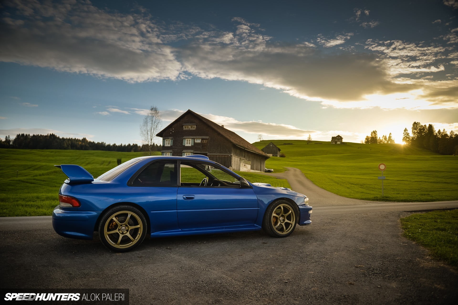 field, sky, car, nature, architecture, Subaru, road, mode of transportation, 1080P, cloud - sky, no people, coupe, Subaru Impreza WRX STi, luxury, Speedhunters, HD Wallpaper