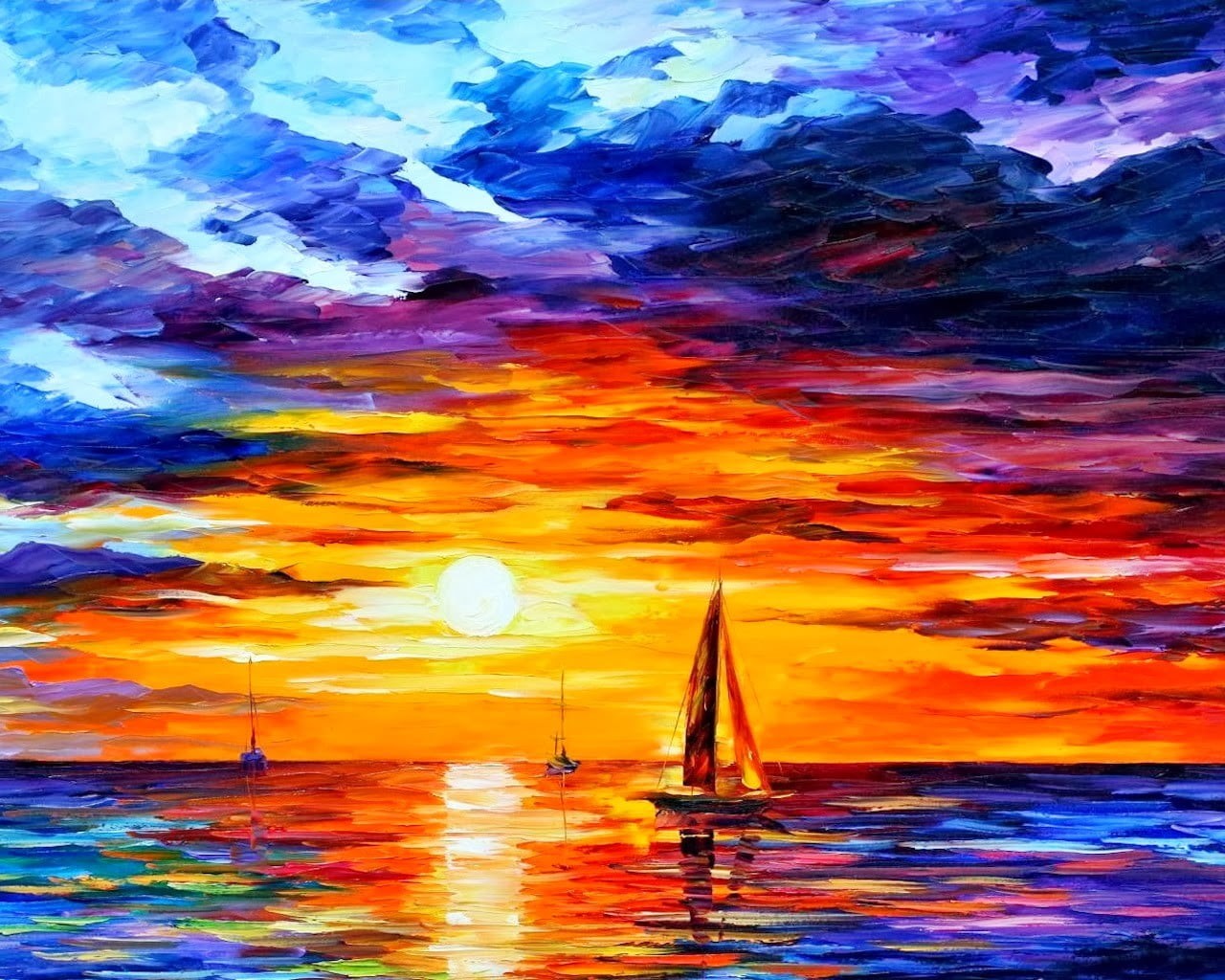 sunlight, multicolored, body, horizon over water, sunset, Leonid Afremov, sky, sailing, boat, nautical vessel, horizon, painting, scenics - nature, transportation, HD Wallpaper