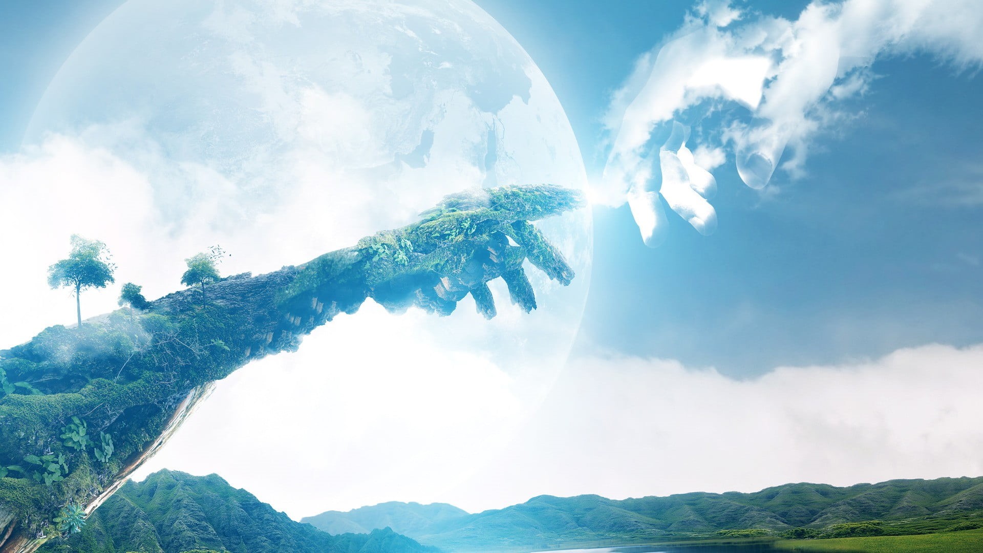 1080P, landscape, plant, cloud, environment, no people, idyllic, sky, non-urban scene, low angle view, tranquil scene, fantasy art, digital composite, HD Wallpaper