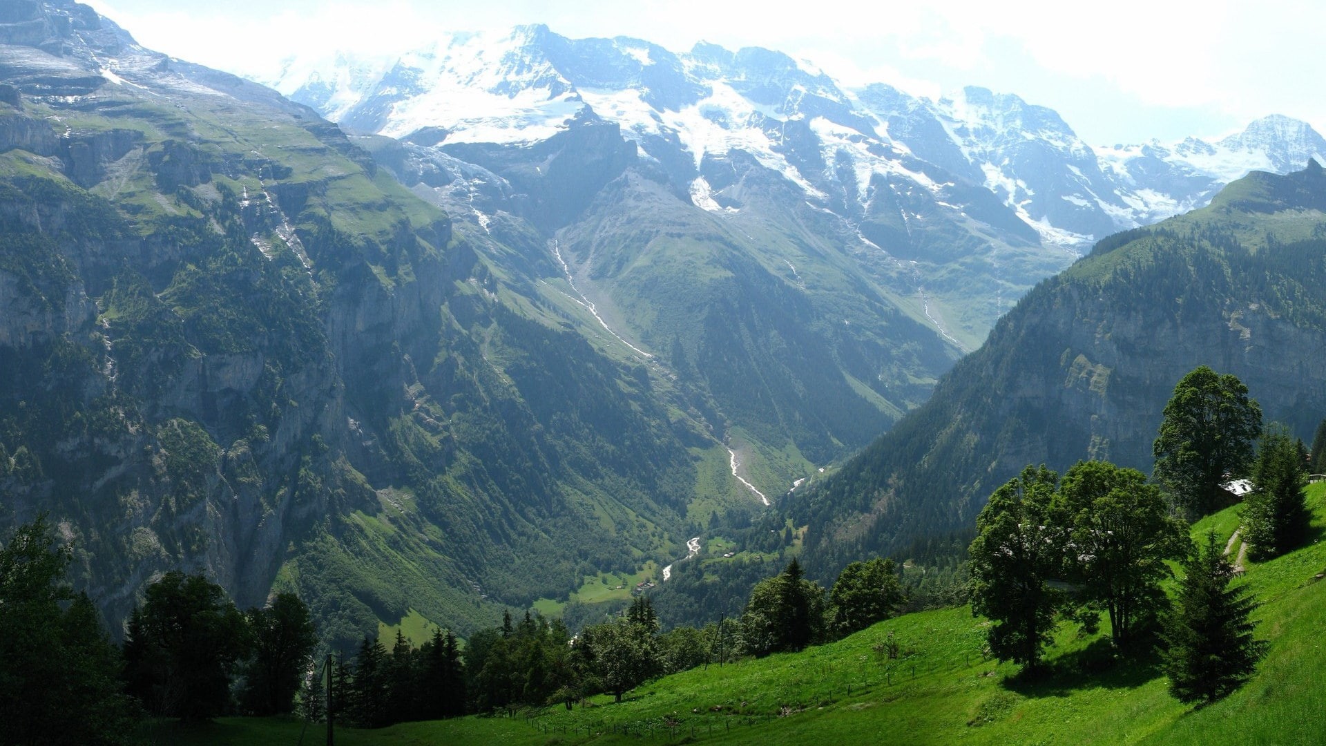 hd images nature pc  1920x1080, beauty in nature, green color, sky, sunlight, nature, idyllic, snowcapped mountain, 1080P, mountain peak, tranquility, HD Wallpaper
