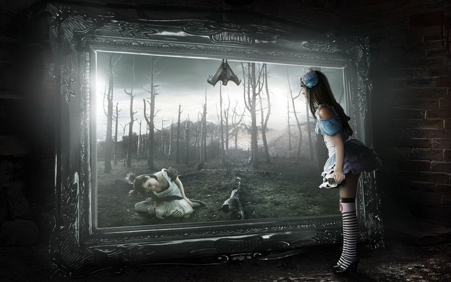 digital, trees, window, men, horror, indoors, forest, standing, females, two people, casual clothing, front, young adult, digital composite, HD Wallpaper