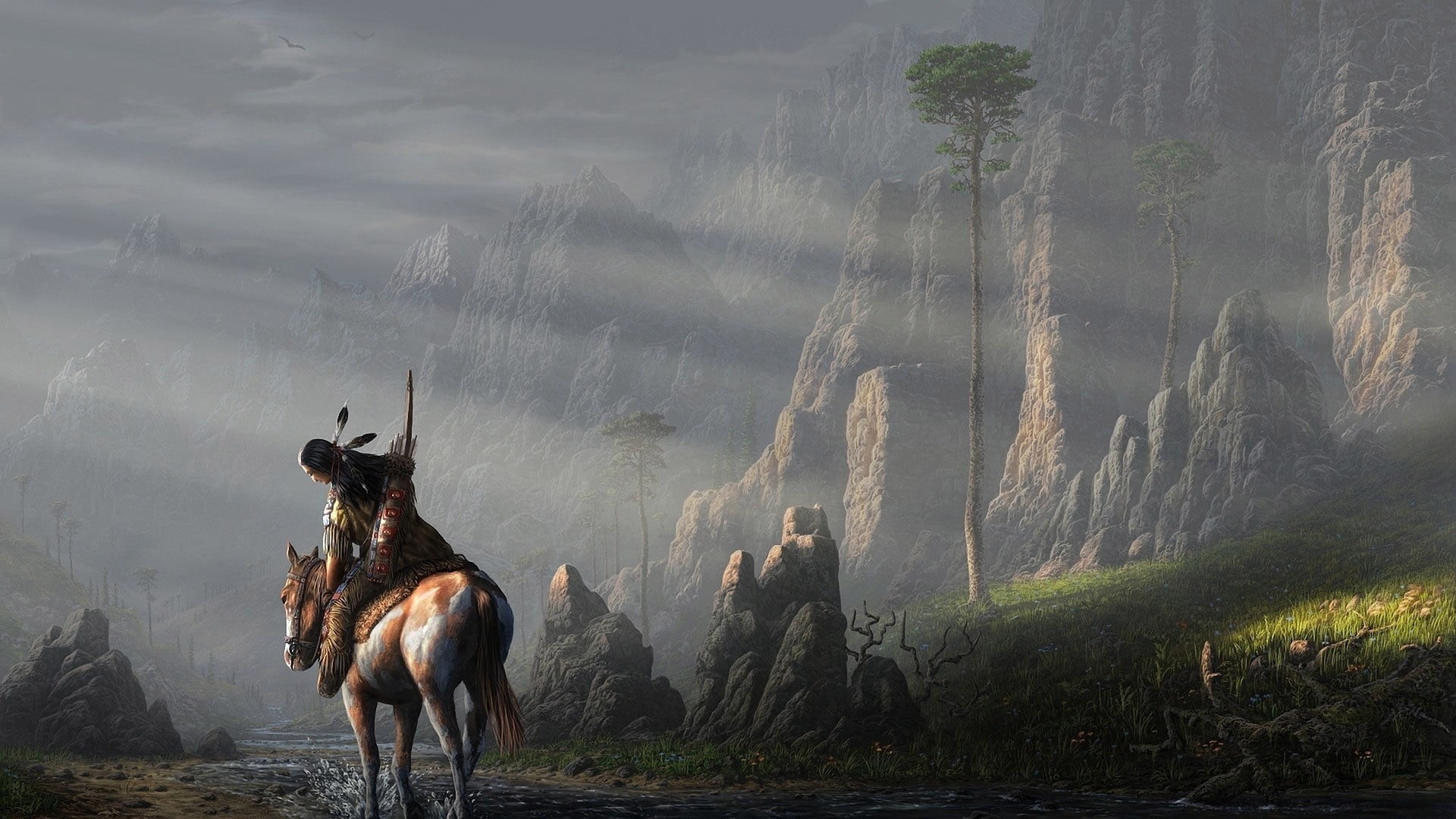 1080P, birds, trees, stream, real people, working animal, fog, artwork, sun rays, painting, pets, Native American clothing, animals, field, outdoors, vertebrate, HD Wallpaper