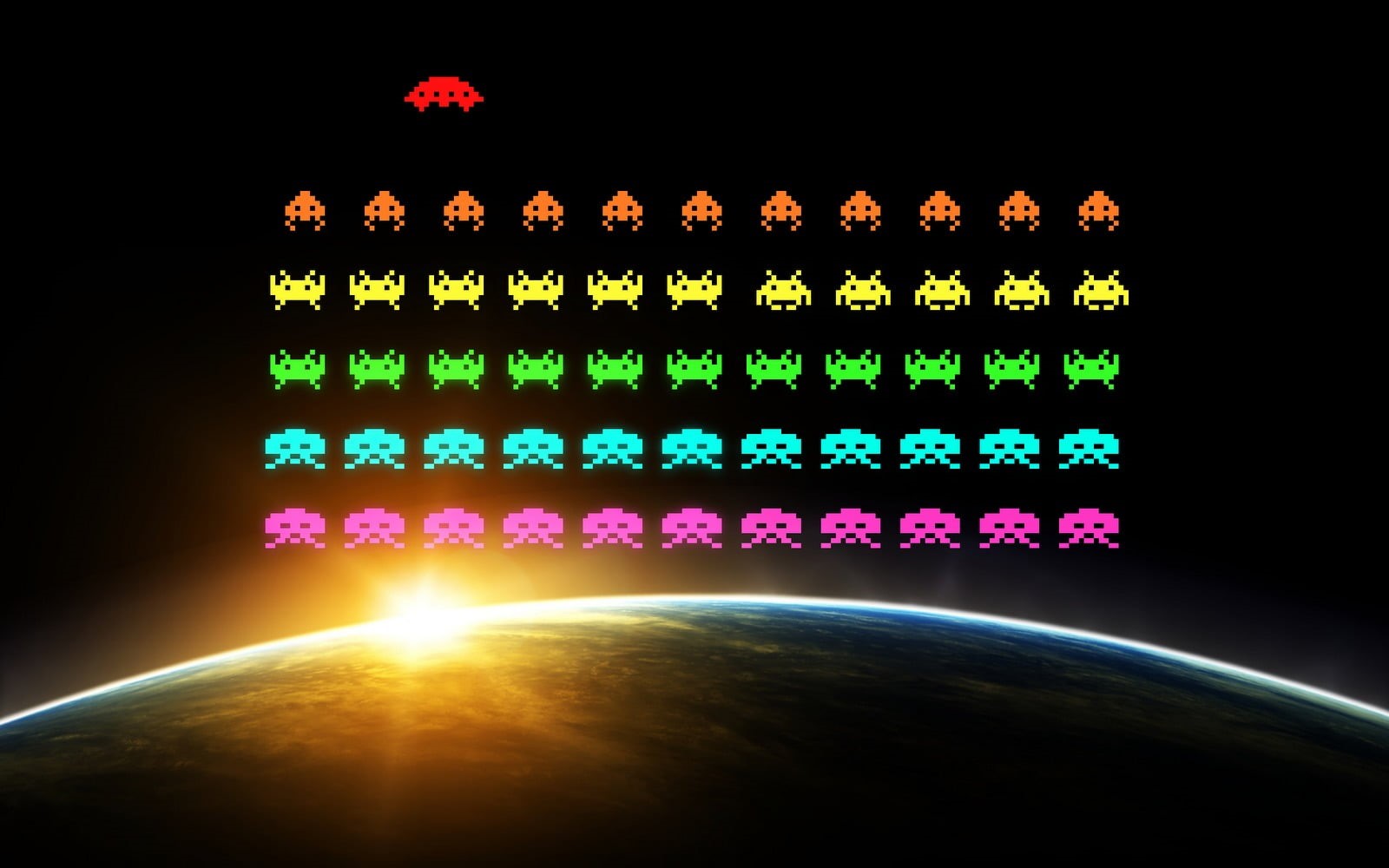 sunlight, nature, lens flare, Space Invaders, beauty in nature, lighting equipment, glowing, multi colored, illuminated, retro games, earth, light beam, HD Wallpaper