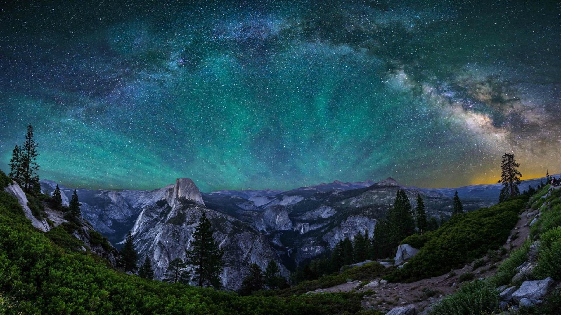 aurora borealis, night, nature, night lights, national park, sky, landscape, phenomenon, yosemite national park, night sky, stars, usa, mountain, atmosphere, HD Wallpaper