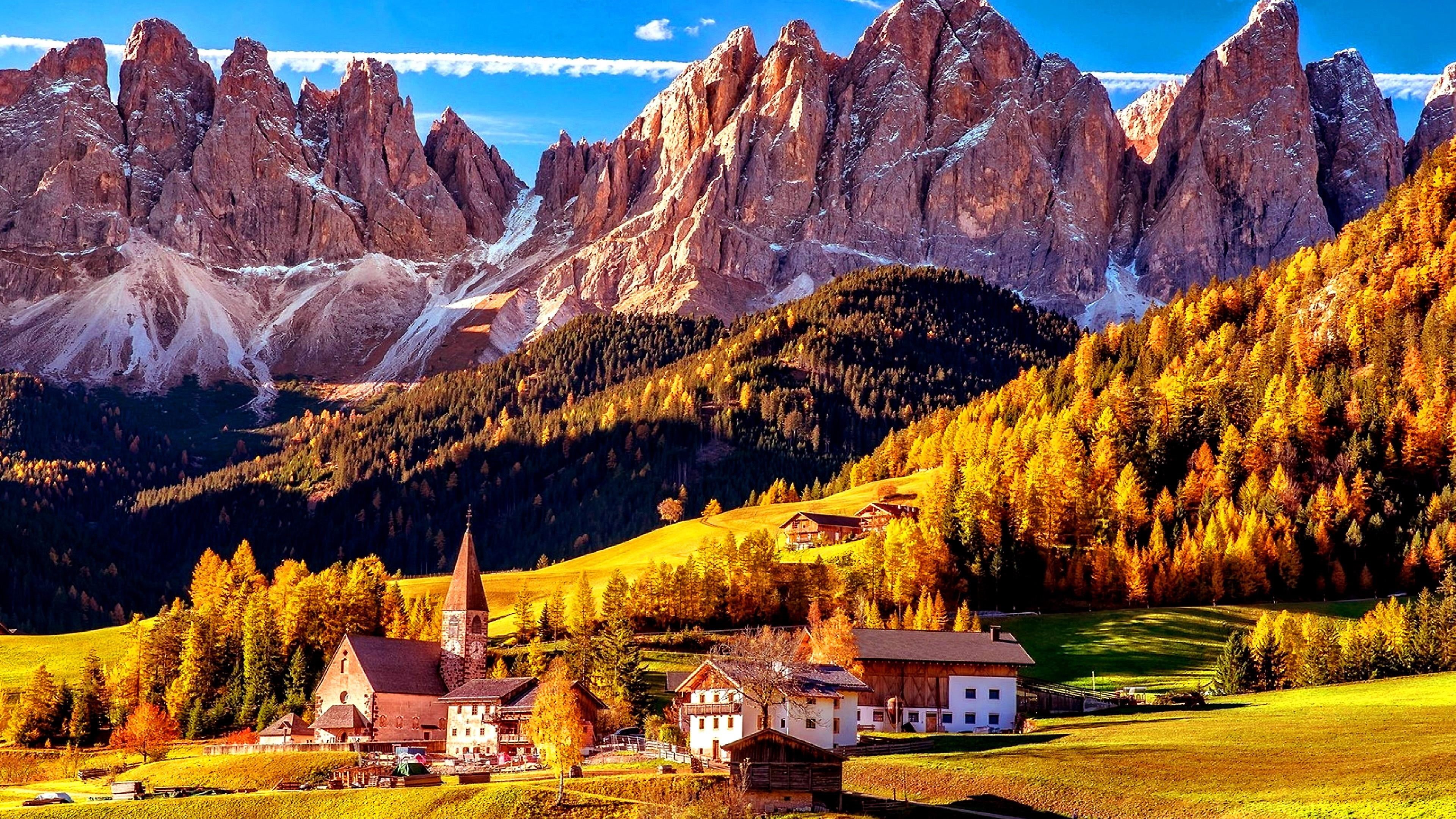 4K, nature, tree, autumn, outdoors, tranquil scene, formation, tranquility, villnoss, st magdalena, europe, land, alps, day, tourist attraction, val di funes, HD Wallpaper