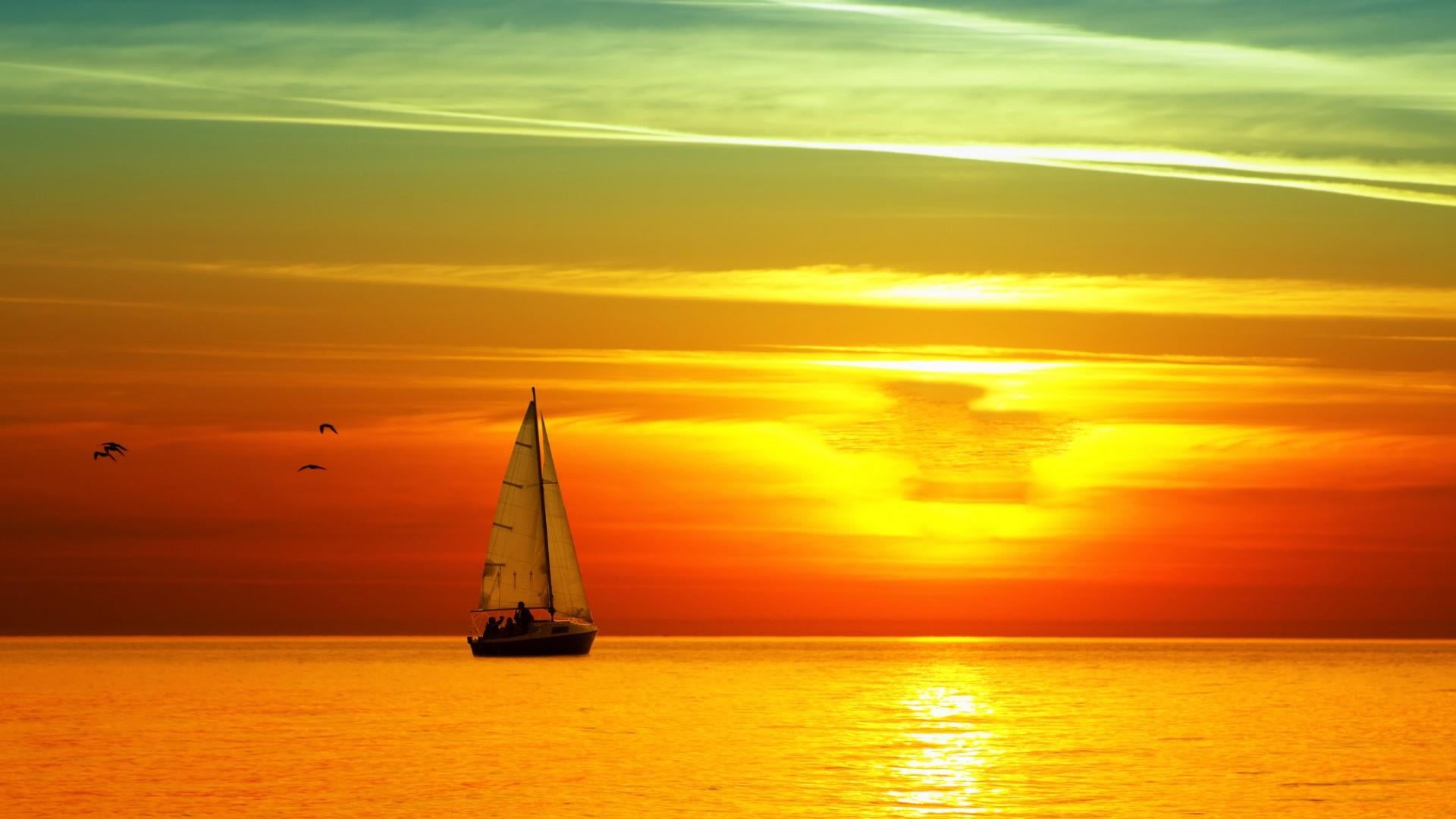 no people, sunset, reflection, 1080P, evening, idyllic, orange color, outdoors, afterglow, bright, yellow, tranquility, silhouette, horizon, ocean, beauty in nature, HD Wallpaper