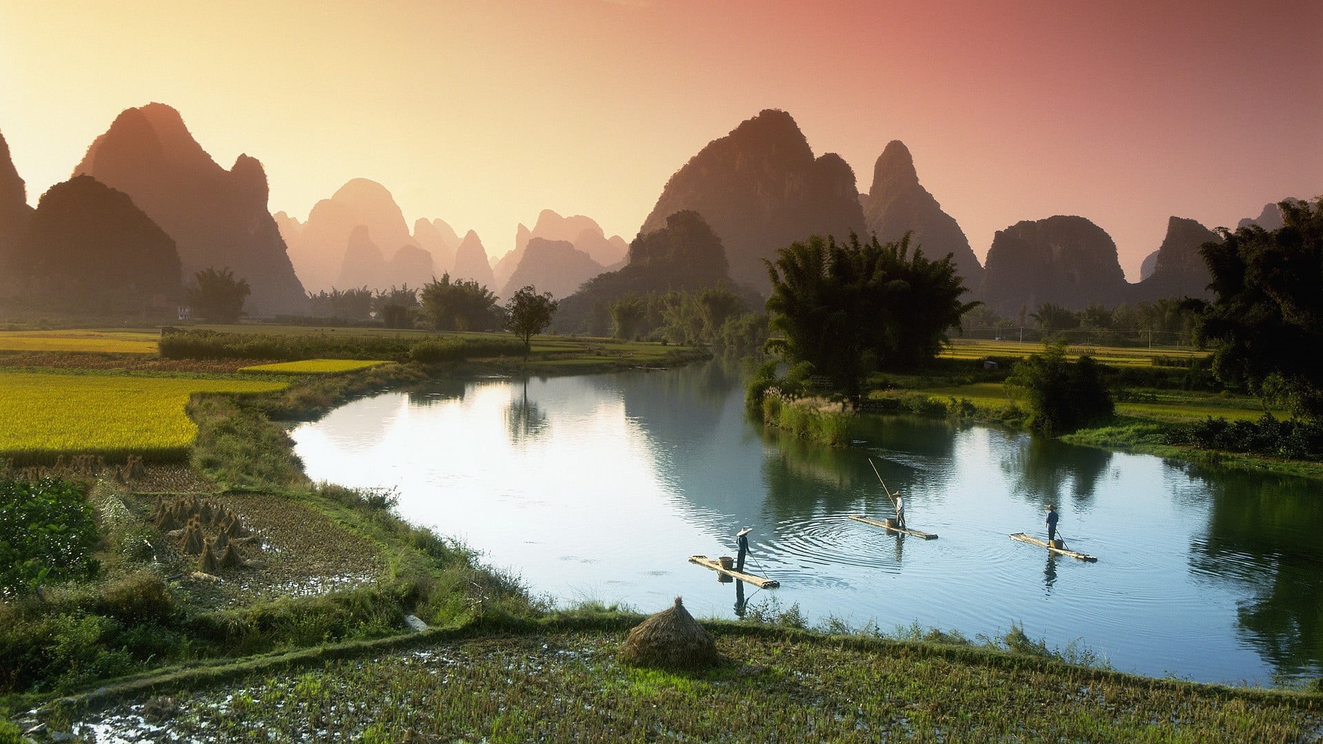 nature, tranquility, lake, boat, mountain range, sunrise, water, river, sky, hills, tree, bird, landscape, men, forest, mountain, rice paddy, Asia, scenery, HD Wallpaper