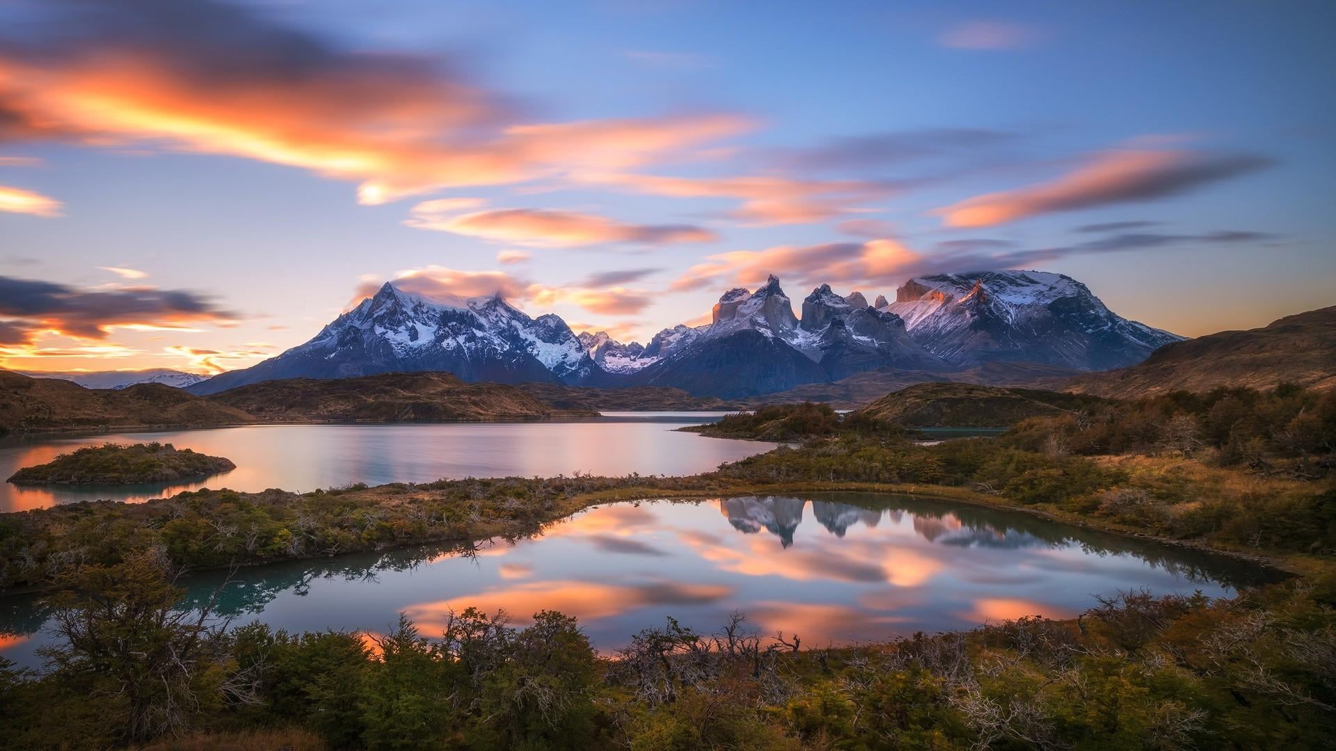 no people, lake, outdoors, scenics - nature, sunset, 1080P, reflection, tranquil scene, chile, beauty in nature, mountains, patagonia, winter, snowcapped mountain, HD Wallpaper