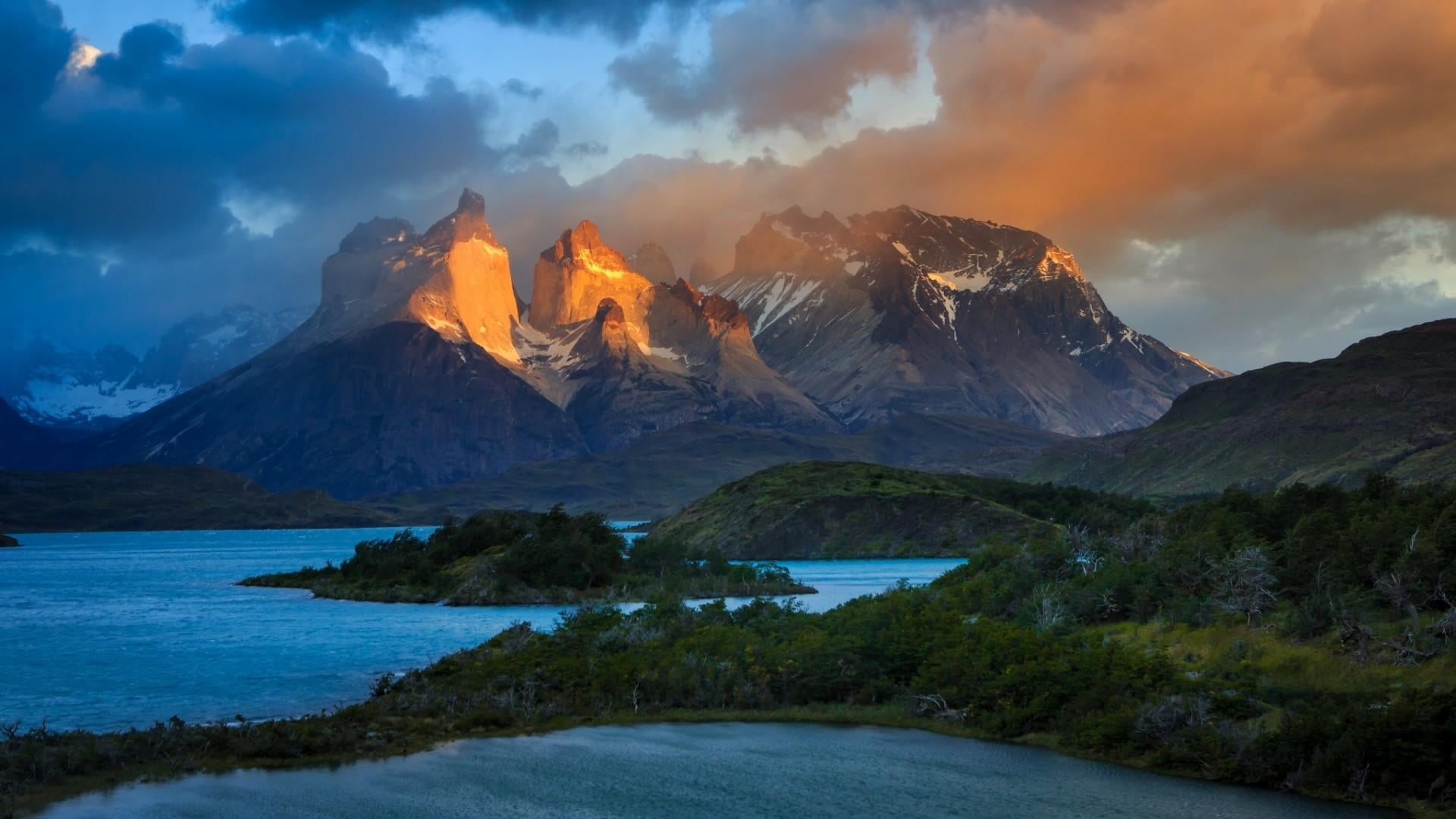morning, lakes, scenics - nature, cloud - sky, fjord, environment, torres del paine national park, tranquility, landscape, patagonia, outdoors, mountain range, HD Wallpaper