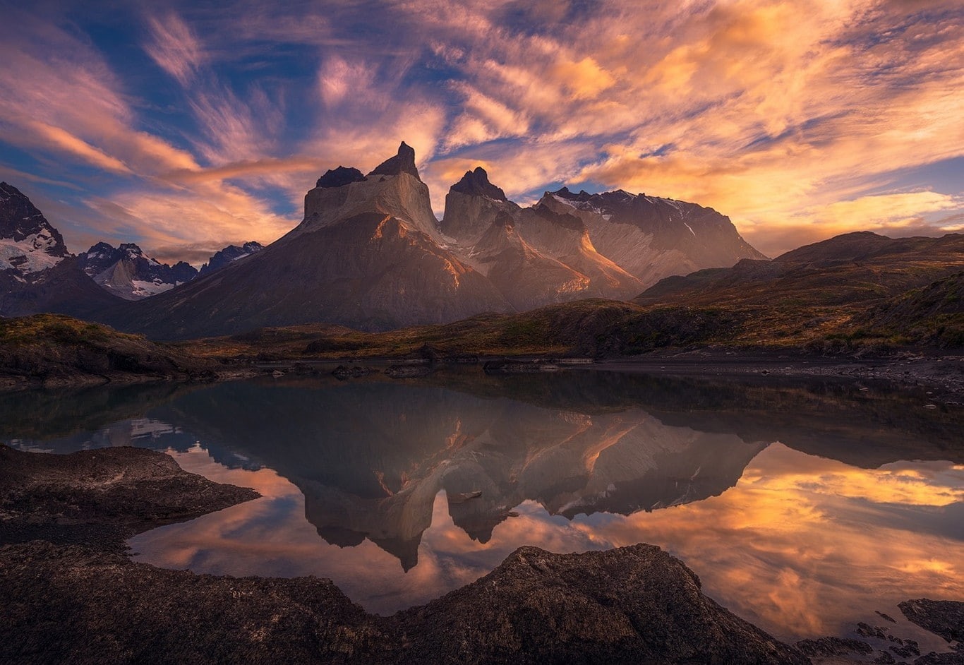 mountain peak, tranquility, landscape, idyllic, clouds, Chile, scenics - nature, nature, beauty in nature, sunset, reflection, snowcapped mountain, cold temperature, HD Wallpaper