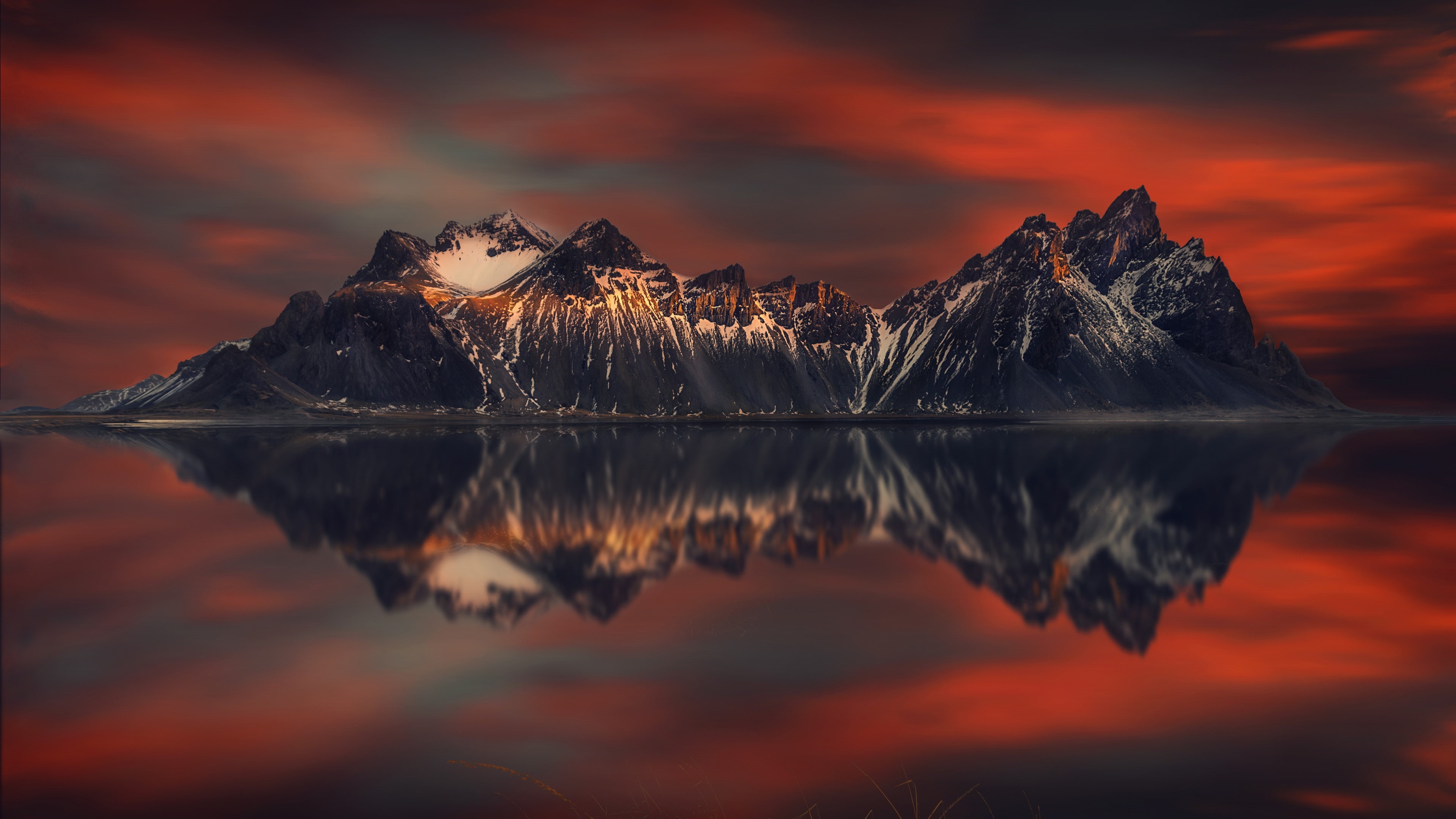 4K, mountain, vatnajokull national park, brunnhorn, horny mountains, calm, stokksnes, national park, rocky mountain, vestrahorn mountains, reflection, HD Wallpaper