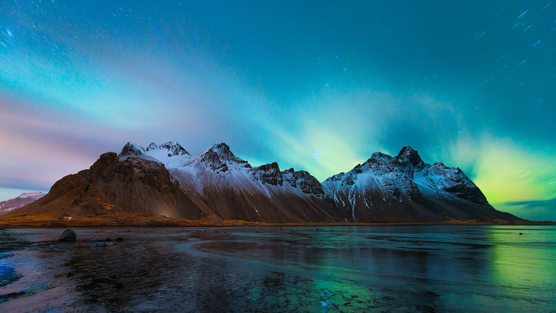 polar lights, aurora borealis, vestrahorn, stars, night sky, land, environment, long exposure photography, stokksnes, 1080P, scenics - nature, ice, mountain, HD Wallpaper