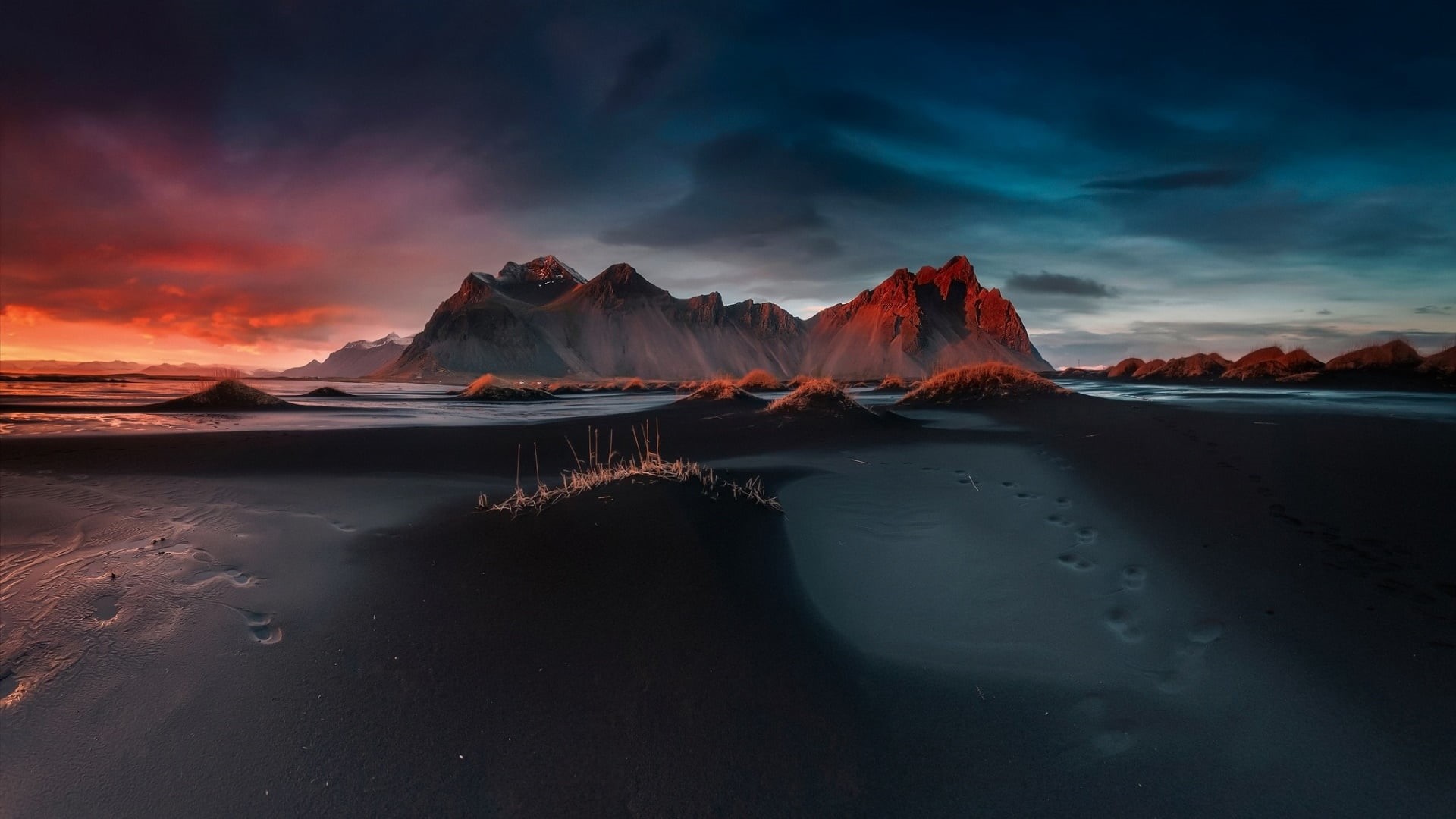 sky, water, arctic, tranquility, sunset, national park, no people, ice, vestrahorn mountains, vestrahorn, cold temperature, horizon, 1080P, nature, reflection, HD Wallpaper