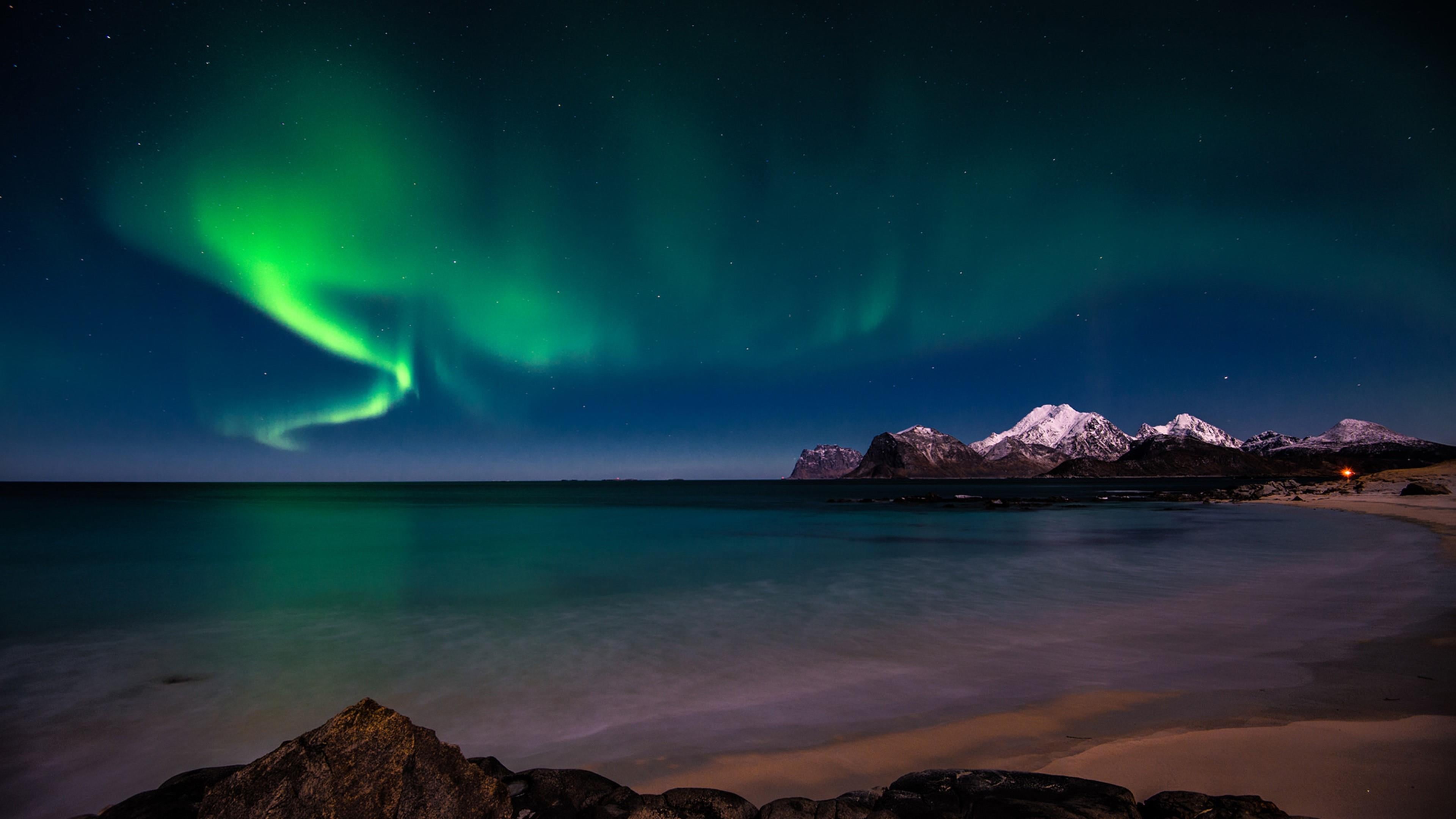 northern lights, illuminated, 4K, scenics - nature, tranquil scene, mountain, aurora, sea, water, coast, night sky, phenomenon, green color, space, galaxy, HD Wallpaper