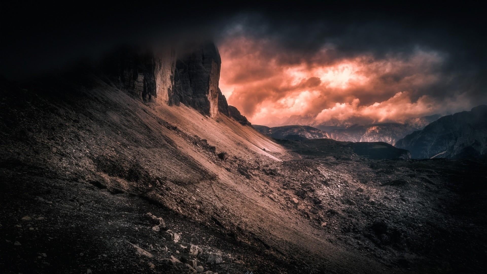 drei zinnen, eu, alps, 1080P, dramatic sky, dark, power in nature, storm, italy, mountains, night, dolomites, beauty in nature, outdoors, tranquil scene, HD Wallpaper