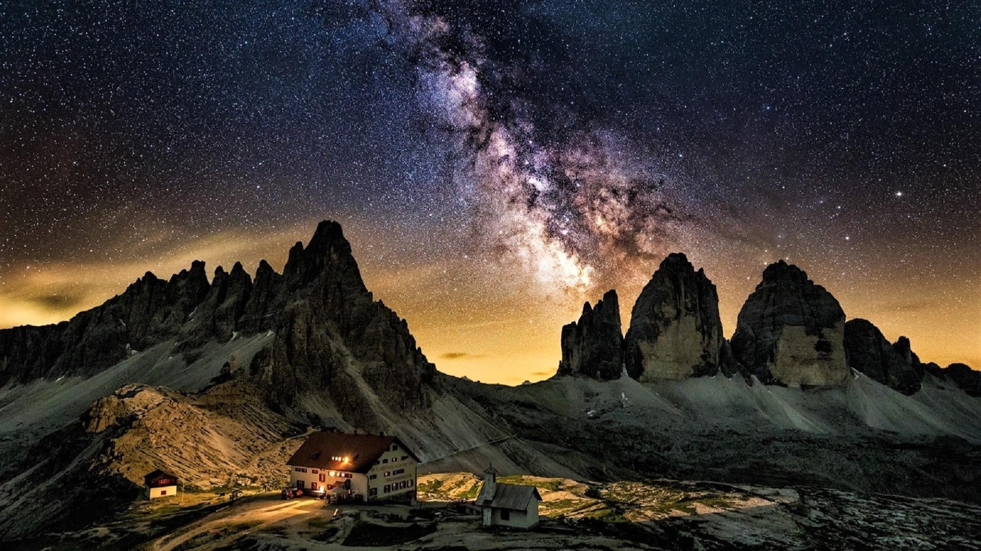 dolomites, phenomenon, cappella degli alpini, sky, mountain, tranquil scene, landscape, alps, universe, stars, atmosphere, 1080P, chapel, snow, star - space, HD Wallpaper