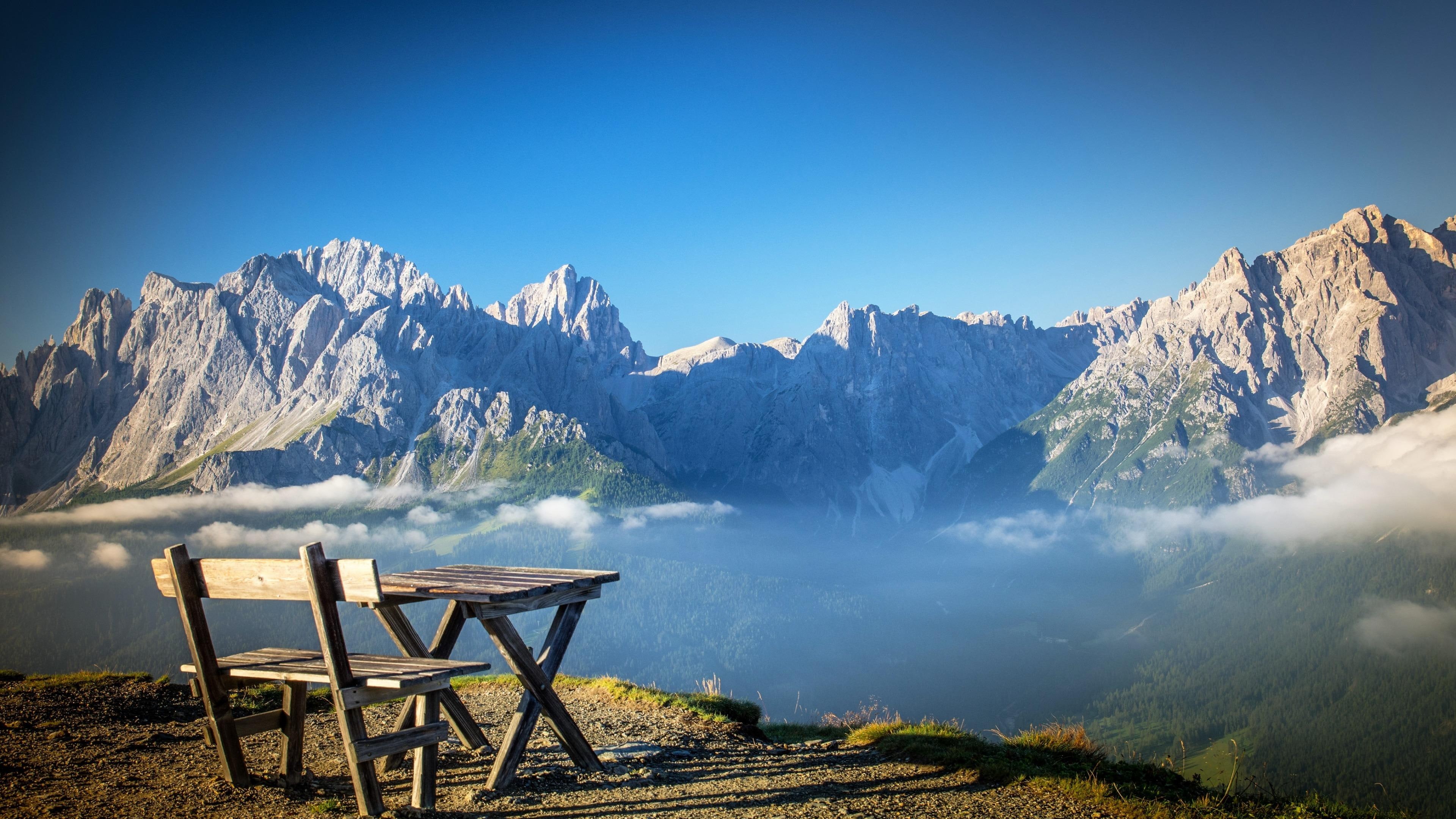 sky, alps, mountain, seat, hill station, mountain range, bench, nature, south tyrol, sexten, cloud, dolomites, hill, sesto, landscape, tree, bolzano, morning, HD Wallpaper