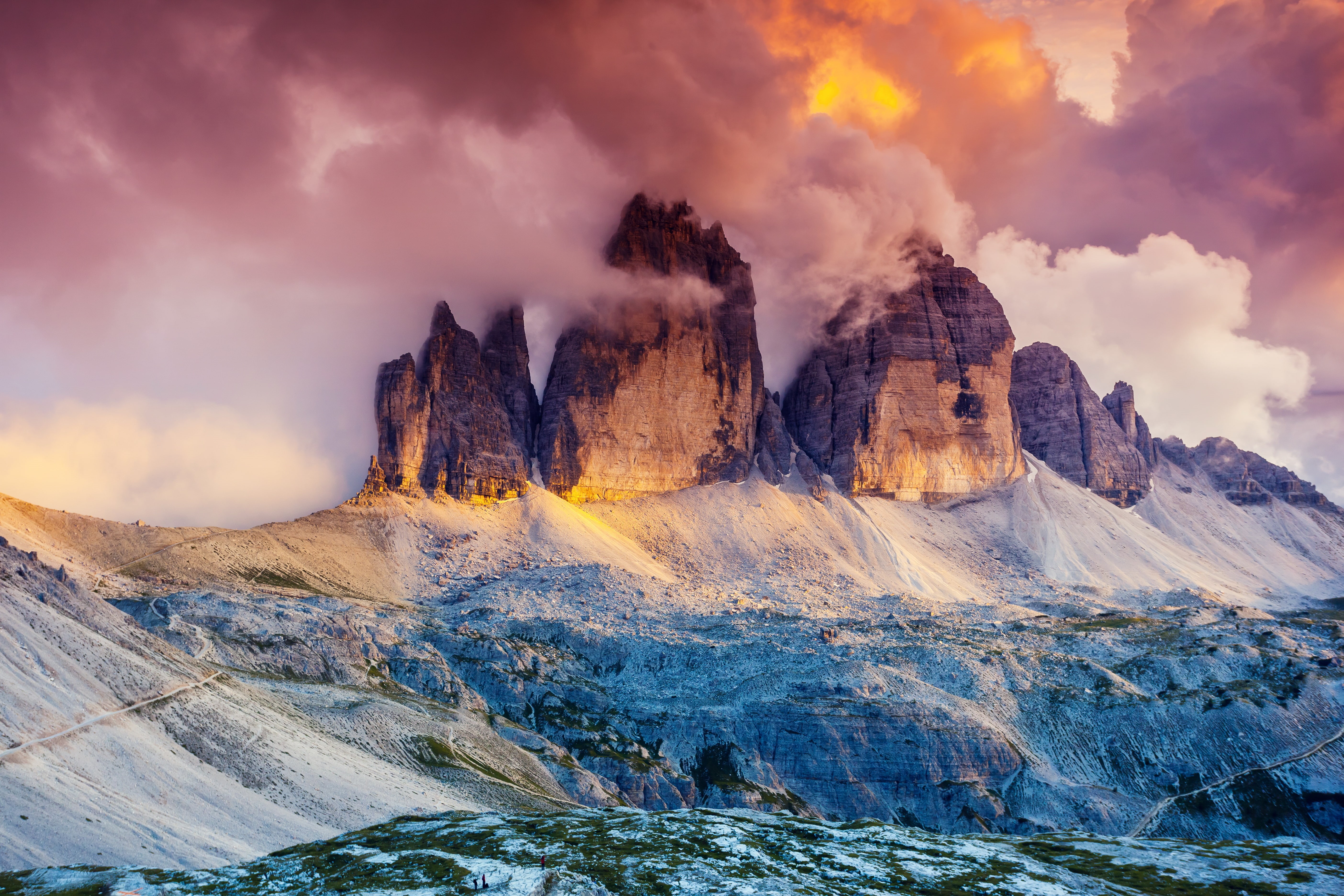 Austria, Dolomites, 5K, Three Peaks, Mountains, Tre Cime di Lavaredo, South Tyrol, HD Wallpaper