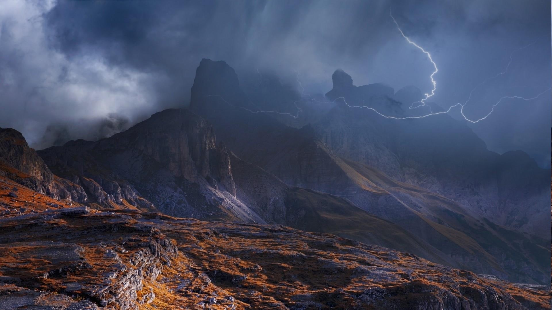 mountains, clouds, 1080P, nature, storm, thunderstorm, thunder, lightning, HD Wallpaper