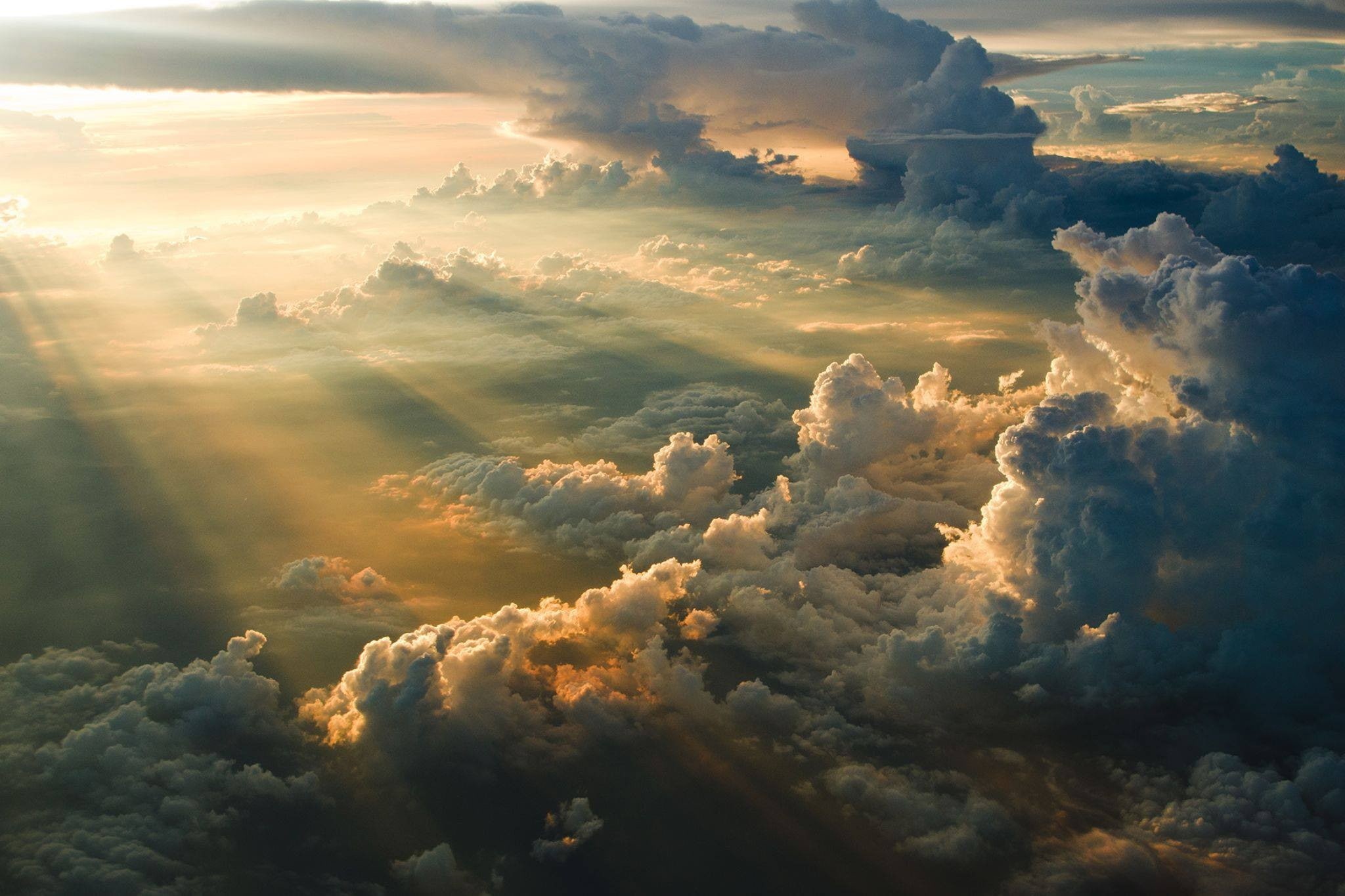 sunlight, 1080P, clouds, sky, sun rays, Sun, nature, aerial view, HD Wallpaper