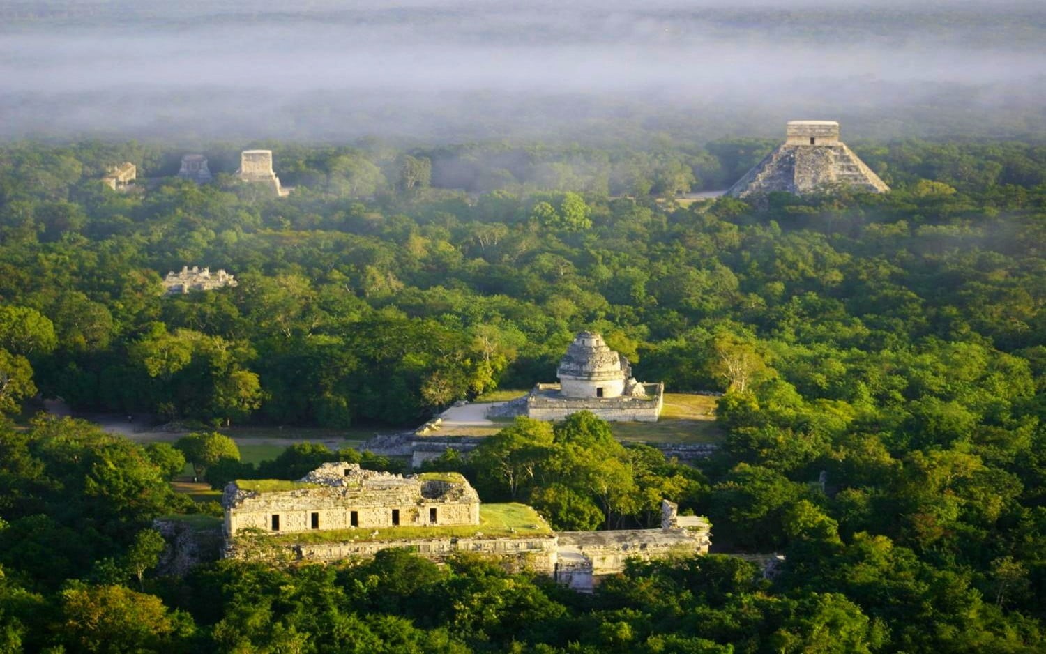 tropical forest, green color, history, Mexico, landscape, day, ruins, plant, high angle view, aerial view, morning, sunlight, tree, Chichen Itza, travel, HD Wallpaper