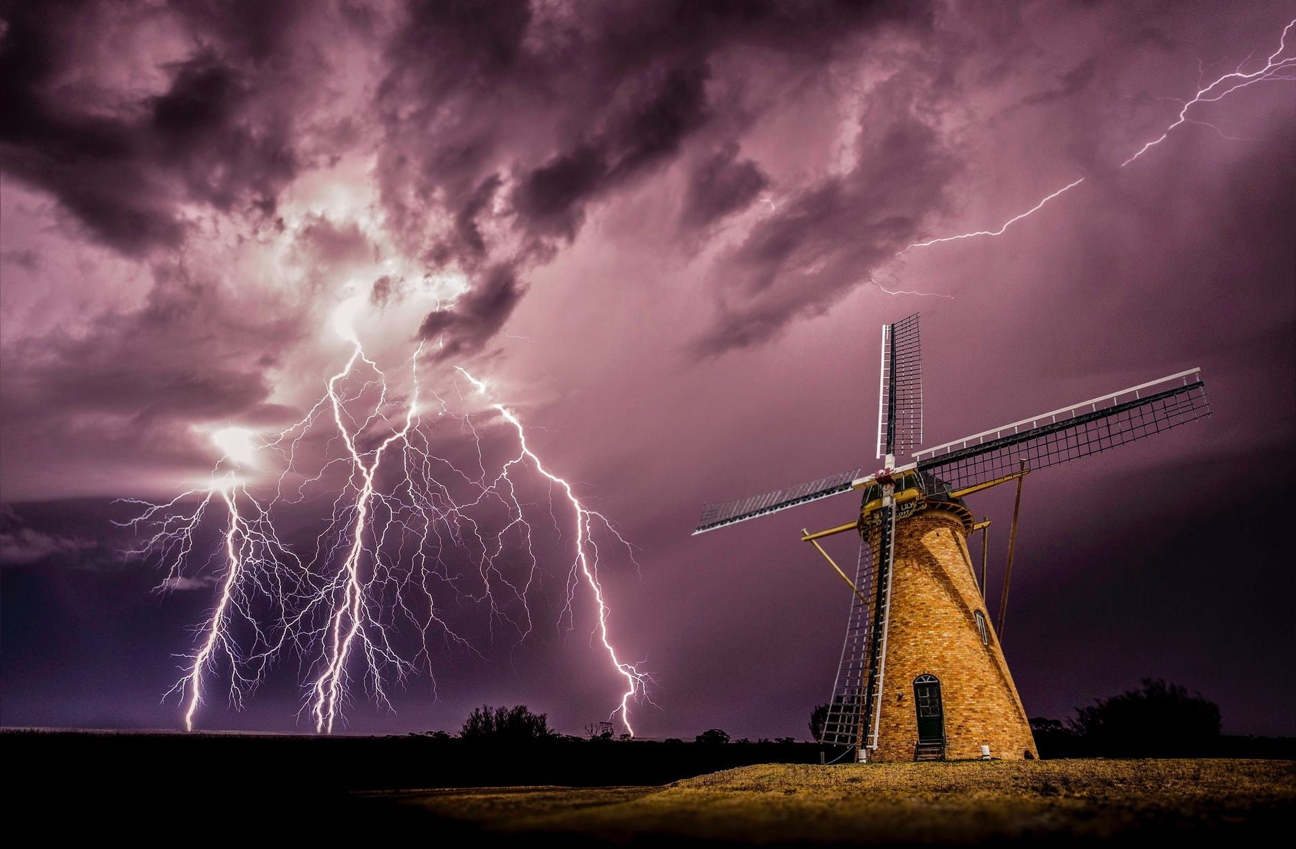 electricity, outdoors, environmental conservation, renewable energy, fuel and power generation, no people, purple, turbine, brown, landscape, thunderstorm, HD Wallpaper