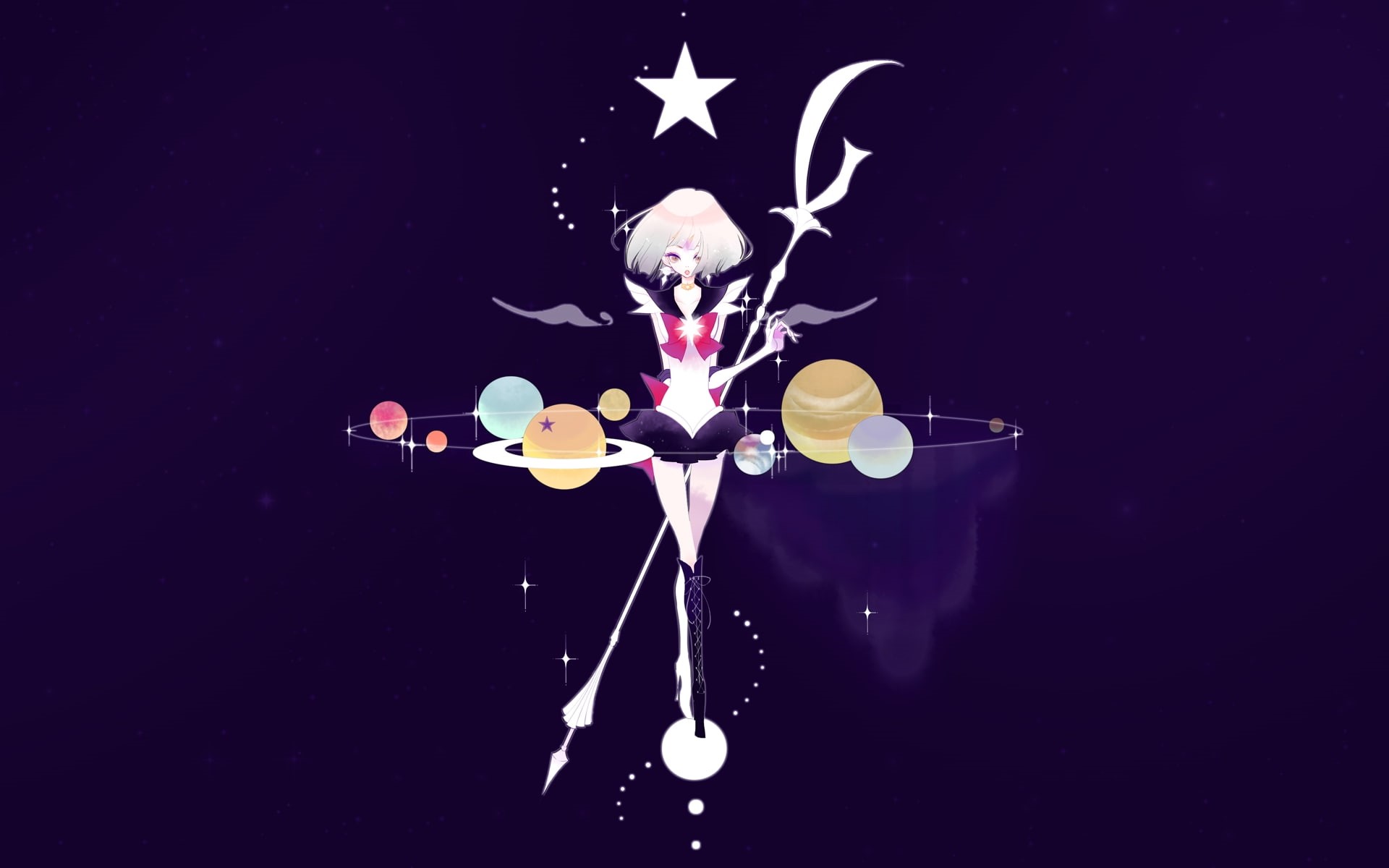 purple, art, planets, moons, short, hair, 1080P, weapons, x, space, moon, sailor, saturn, boots, hd, HD Wallpaper