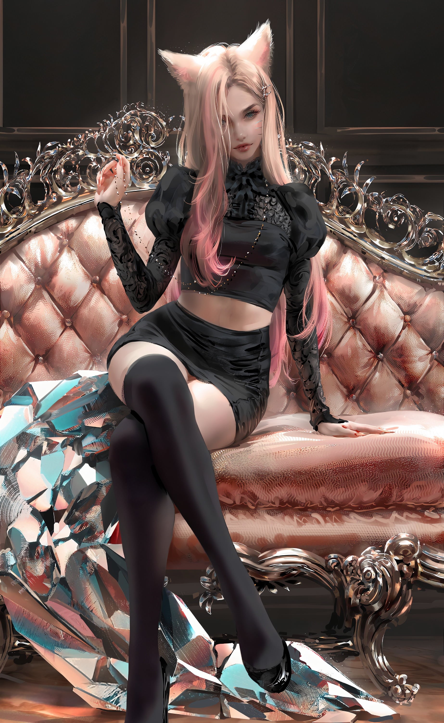 lifting skirt, fox girl, skirt lifting, blue eyes, thigh-highs, Ahri, solo, Ahri (League of Legends), long hair, lips, bare midriff, League of Legends, Phone HD Wallpaper