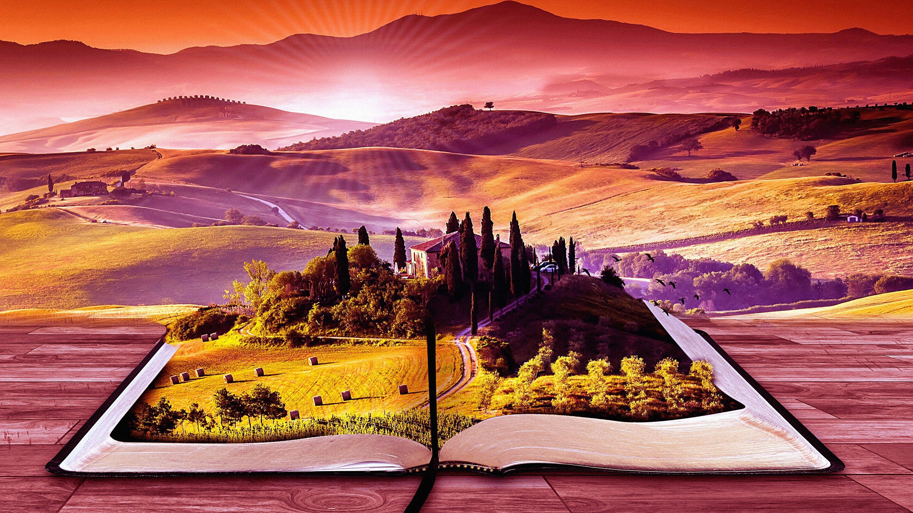 dream, art, book, red, landscape, imagination, 4K, dreamland, HD Wallpaper