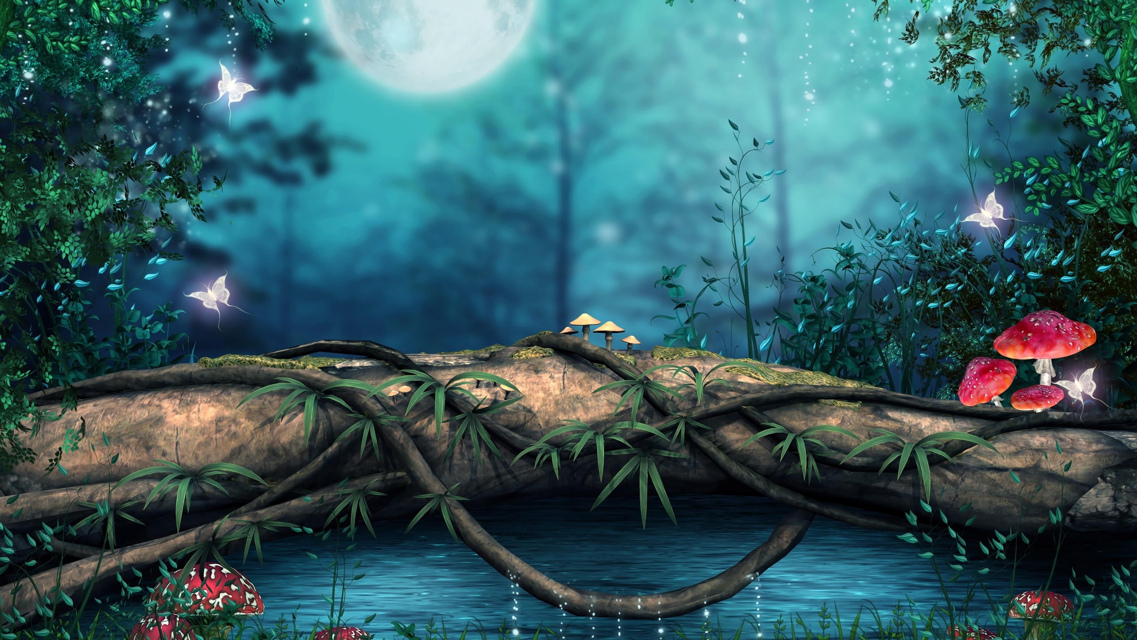 dream, butterfly, moon, mushroom, dreamland, 4K, night, HD Wallpaper