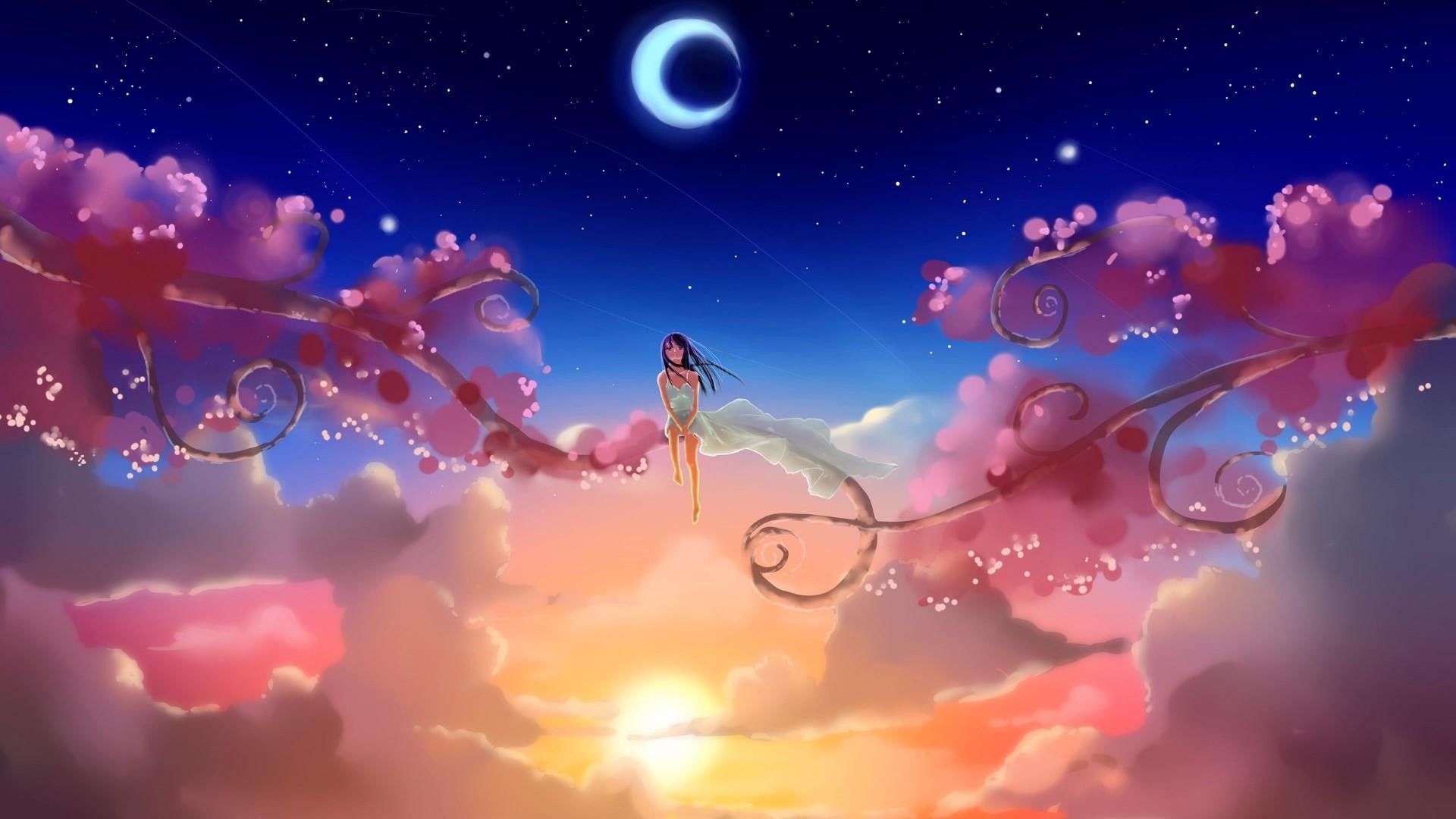 anime girl, nigh, girl, dreamworld, graphics, light, night, dreamland, illustration, sky, moon, anime art, art, stars, cloud, 1080P, HD Wallpaper