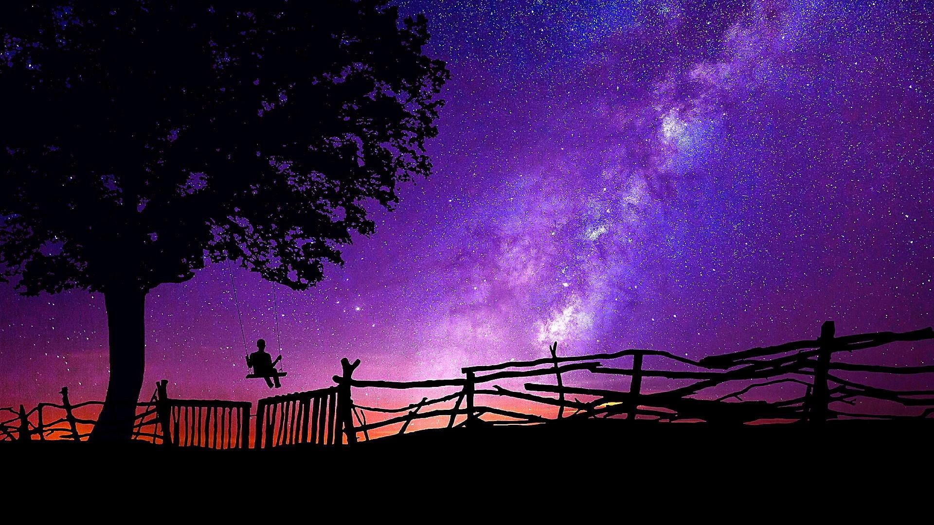 night, silhouette, star, space, night sky, milky way, dreamland, nature, starry night, low angle view, tree, fence, star - space, galaxy, sky, astronomy, HD Wallpaper