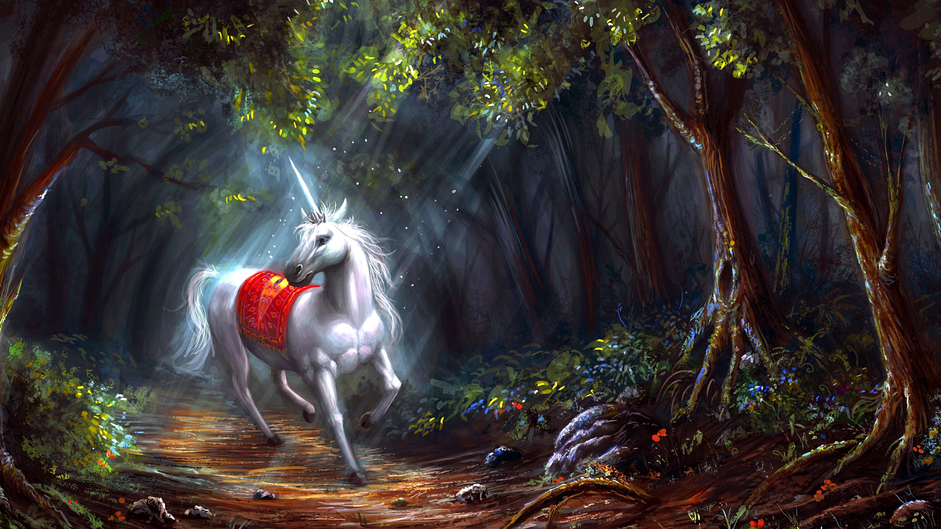 illustration, tree, woods, glow, forest, forest path, dreamland, fairytale art, 4K, unicorn, woodland, mythology, fantasy art, nature, HD Wallpaper
