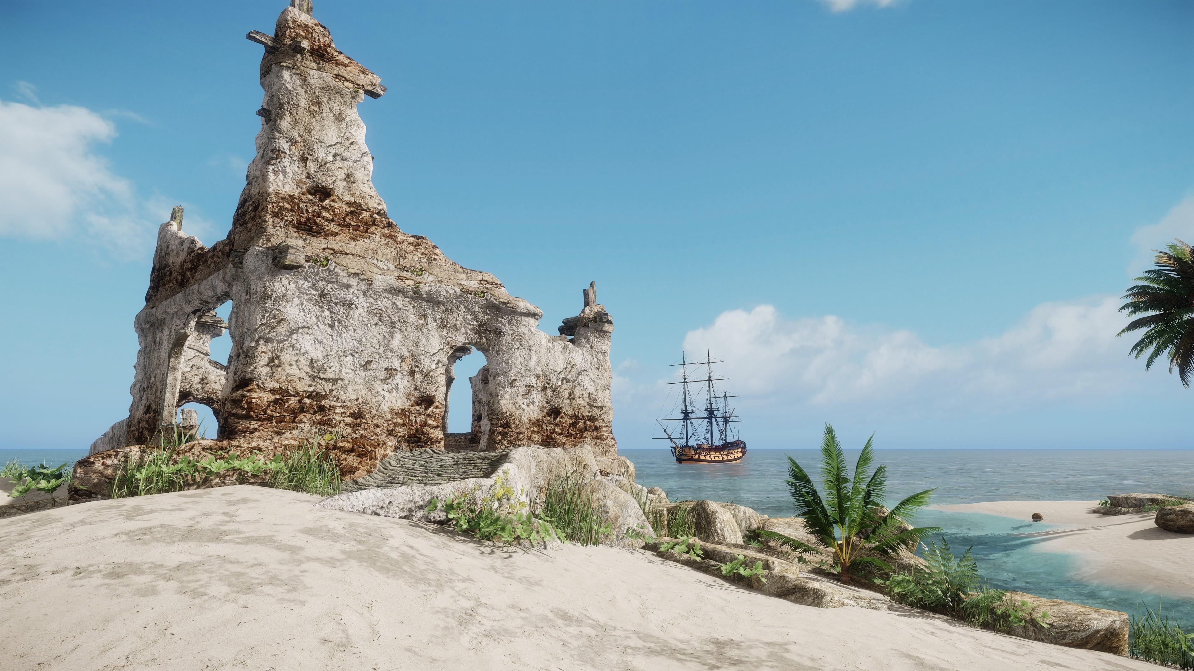 building, uninhabited, sea, built structure, outdoors, fantasy art, island, blue sky, no people, ruin, religion, building exterior, day, history, land, HD Wallpaper