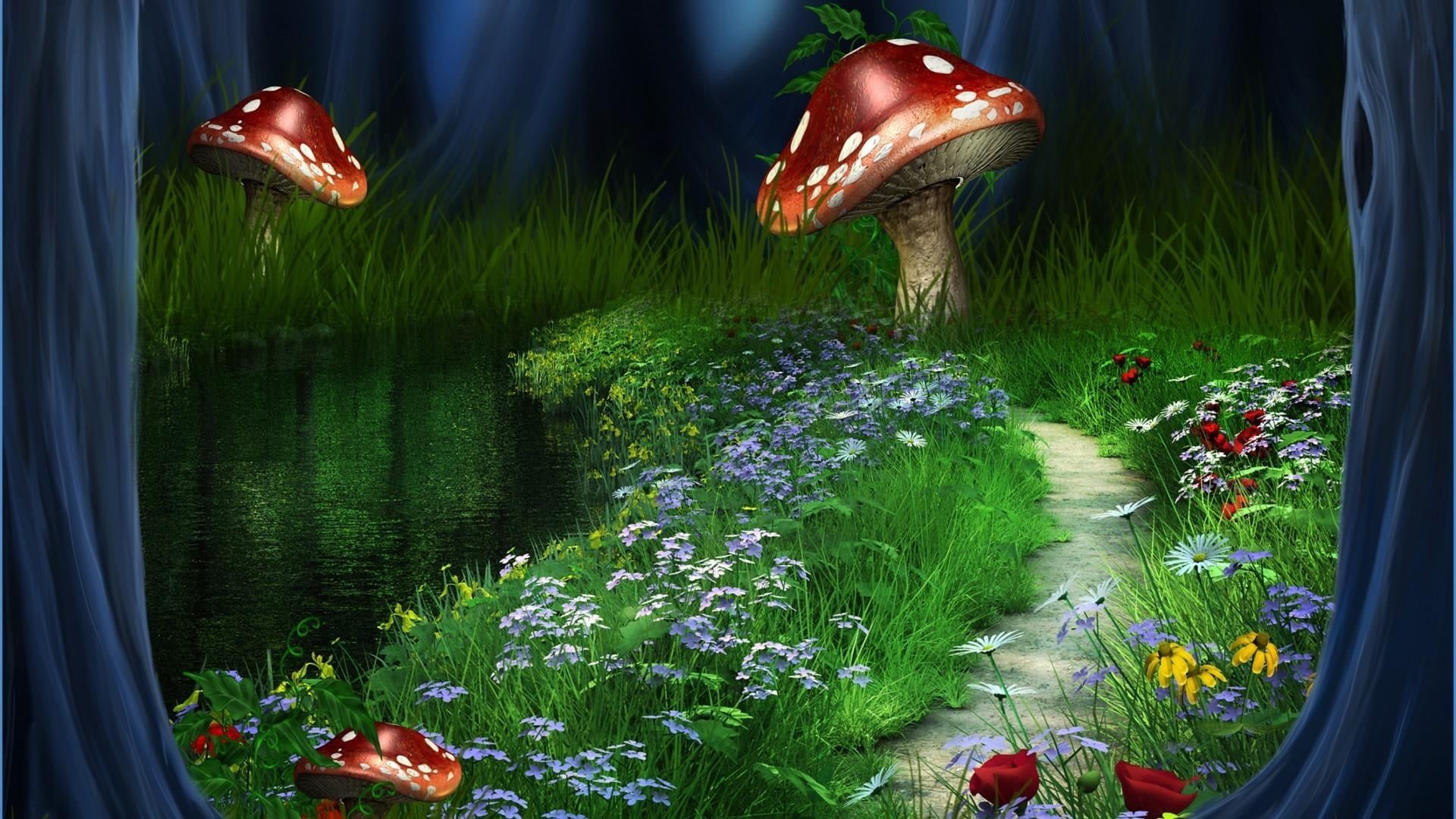 flowering plant, lake, beauty in nature, leaf, garden, dreamland, illuminated, fish, food, 1080P, no people, mushroom, outdoors, vegetable, grass, landscape, HD Wallpaper
