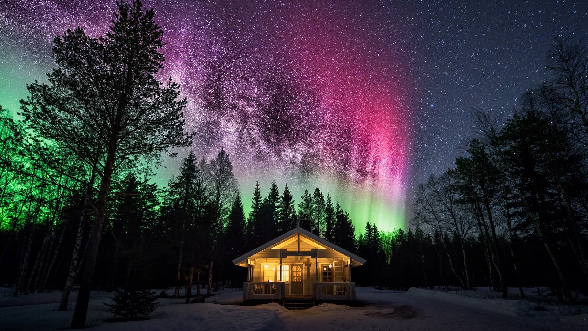 outdoors, forest, evening, log cabin, star - space, architecture, space, beauty in nature, winter, starry night, forest house, no people, tree, scenics - nature, HD Wallpaper