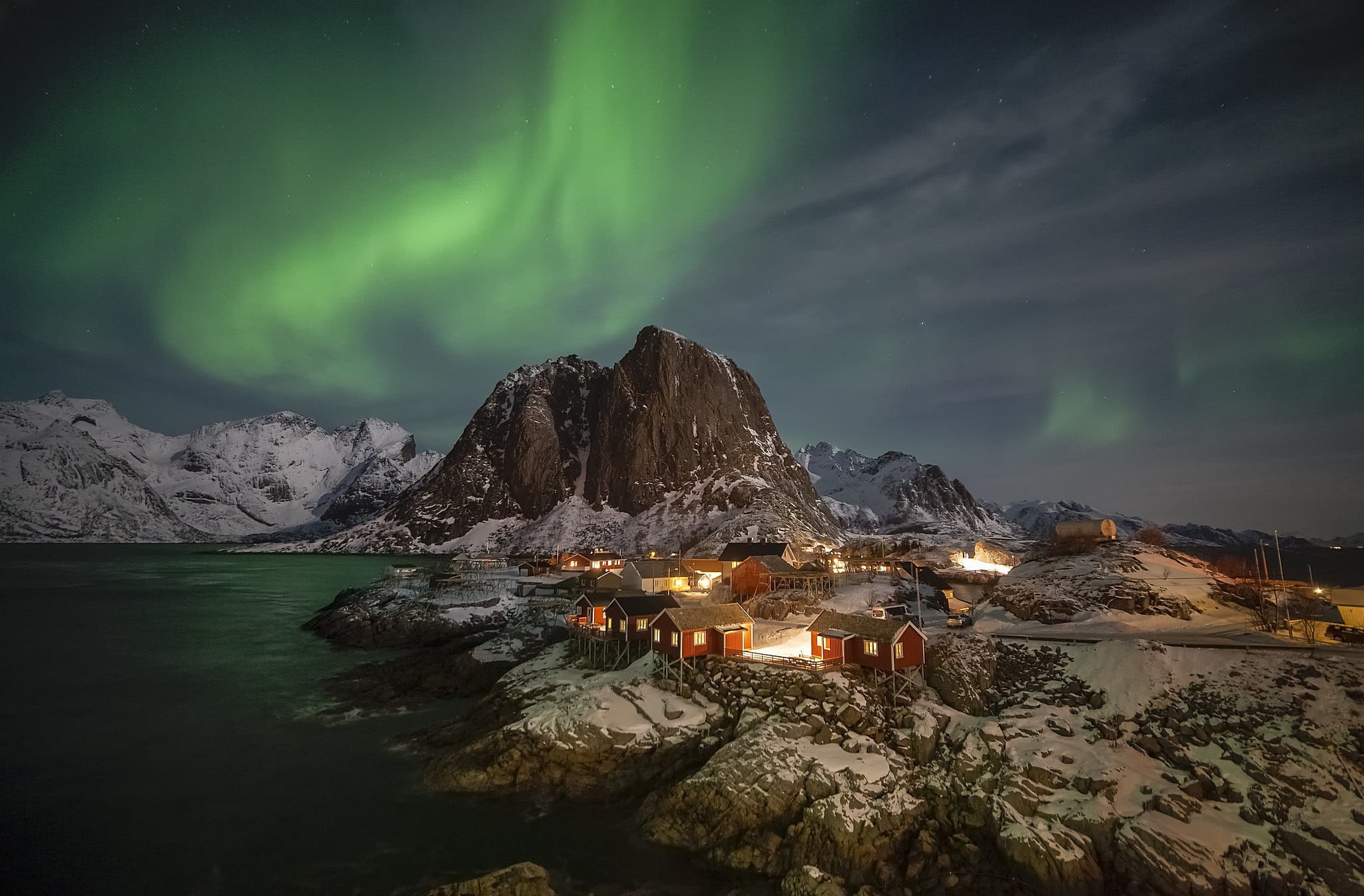 houses, mountains, Northern lights, Norway, 1080P, Lofoten, polar lights, HD Wallpaper