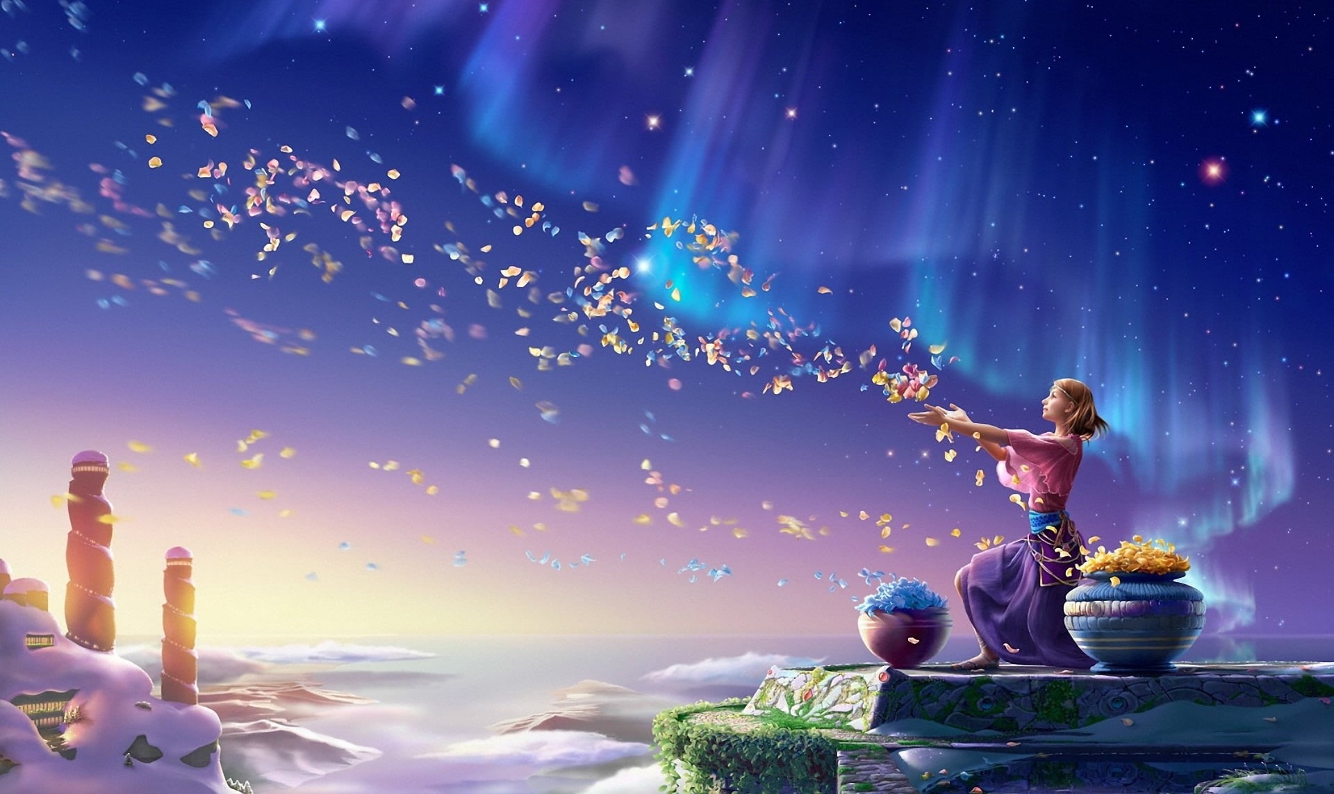 Northern lights, happiness, celebration, night, holiday, females, dress, girl, outdoors, woman, snow, women, blue, art, backgrounds, pink, balloon, positive emotion, HD Wallpaper