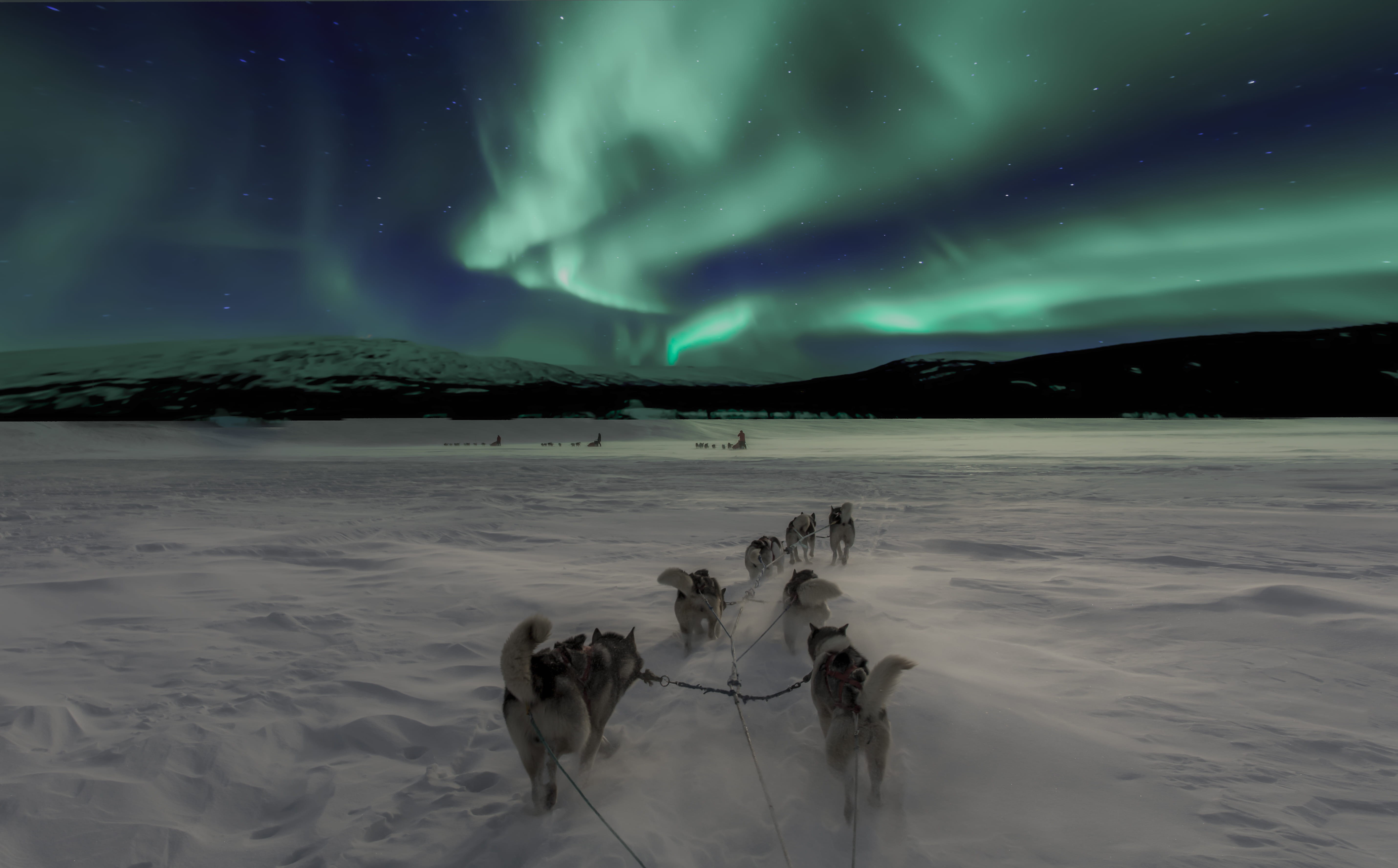 snowcapped mountain, aurora, idyllic, sleigh, ice, winter, frozen, night, walking, landscape, sky, snow, field, environment, northern light, no people, HD Wallpaper