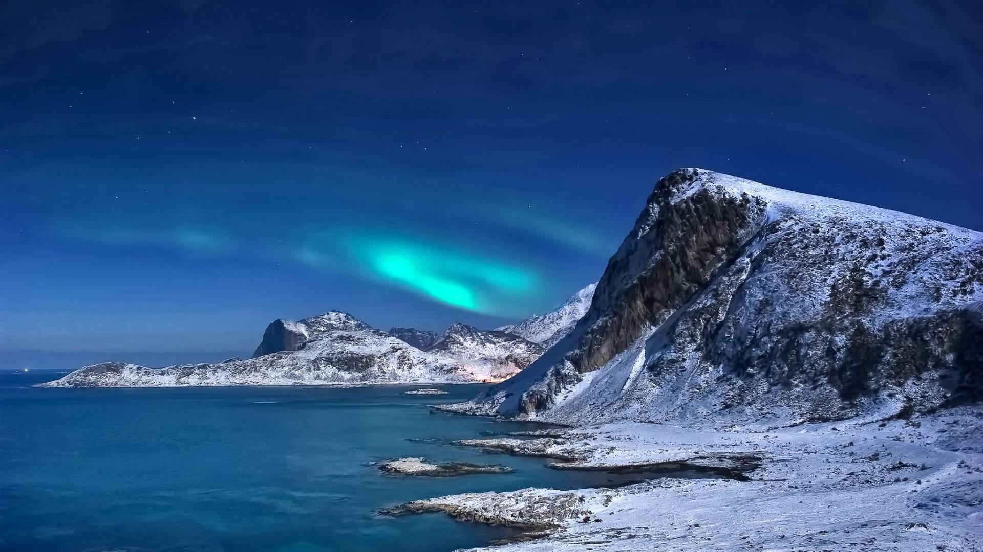 mountain, northern lights, nature, night sky, nordic lights, arctic, astronomy, ocean, phenomenon, landscape, outdoors, scenics - nature, environment, arctic ocean, HD Wallpaper