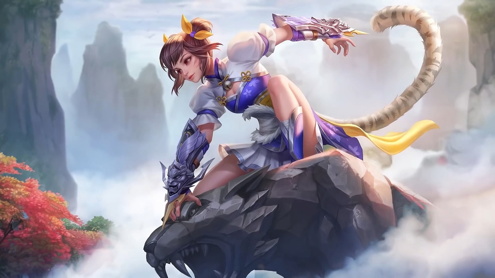 1080P, Darting Star, moba, tail, mountains, Mobile Legends, clouds, fantasy girl, Wanwan, gauntlets, HD Wallpaper