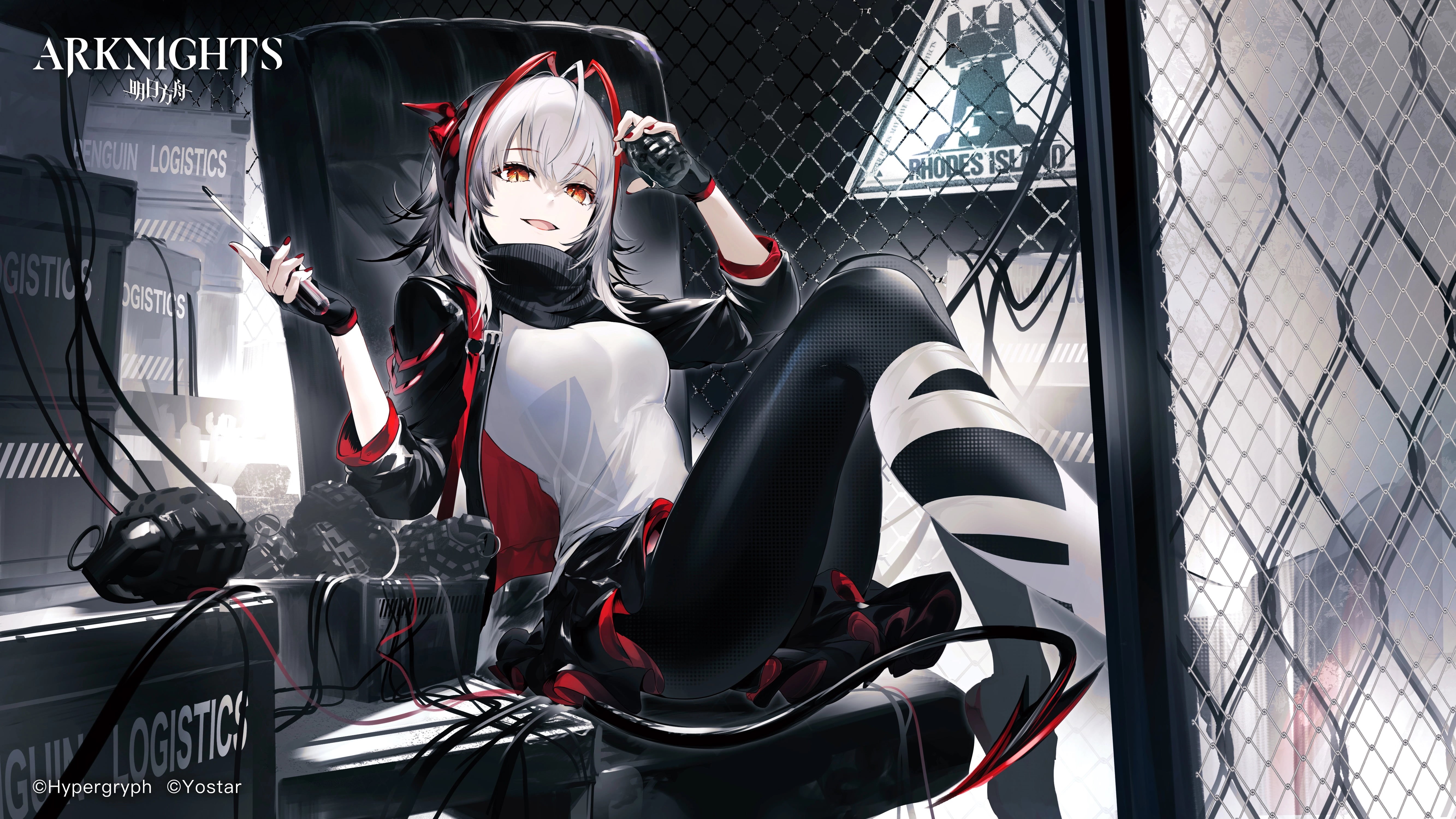 white shirt, tail, red eyes, Rhodes Island (Arknights), gray hair, W(Arknights), Arknights, video game characters, 5K, anime, video games, horns, skirt, HD Wallpaper