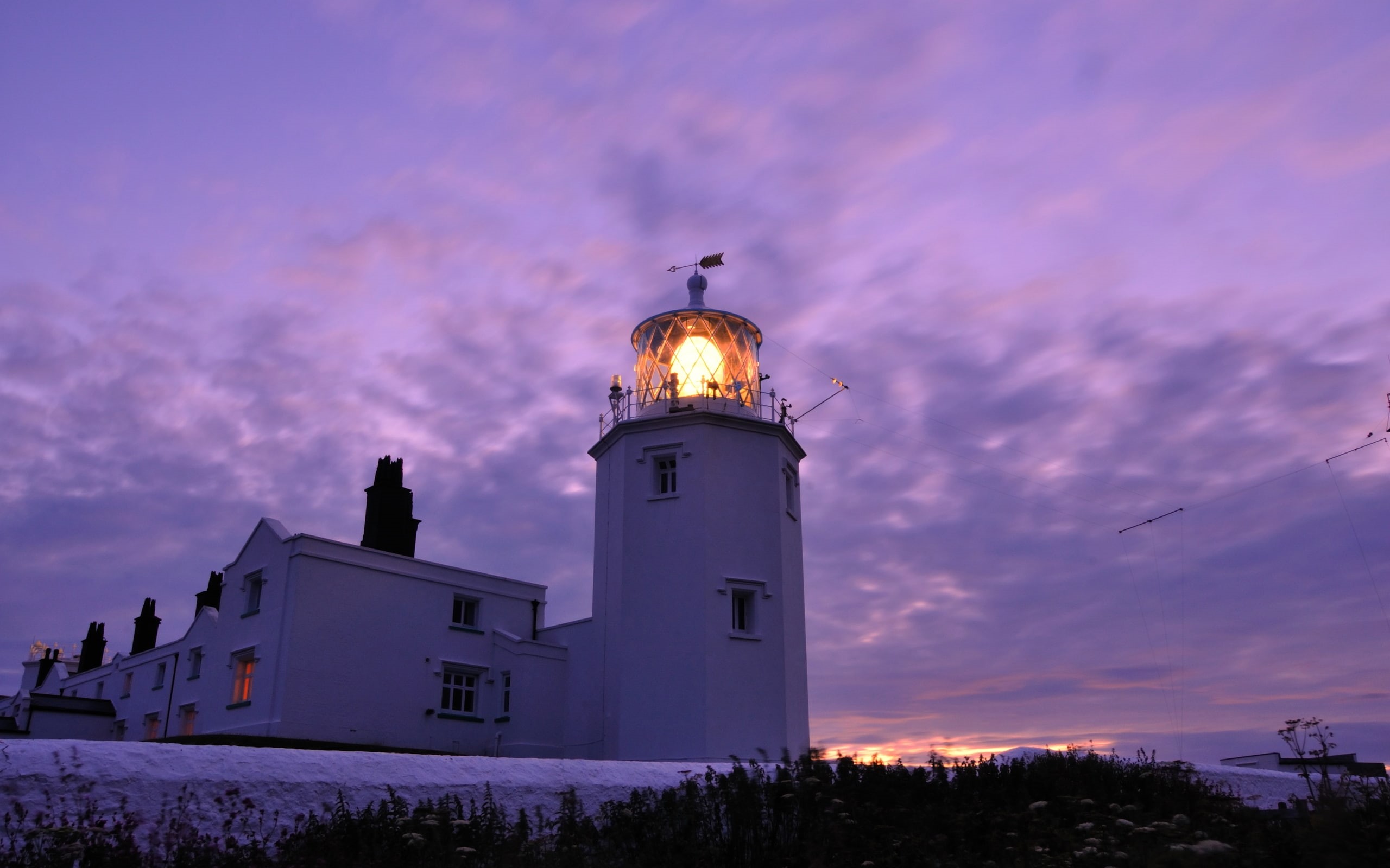 sunset, lighthouse, building, white, land, watchtower, colours, view, lights, 2K, HD Wallpaper