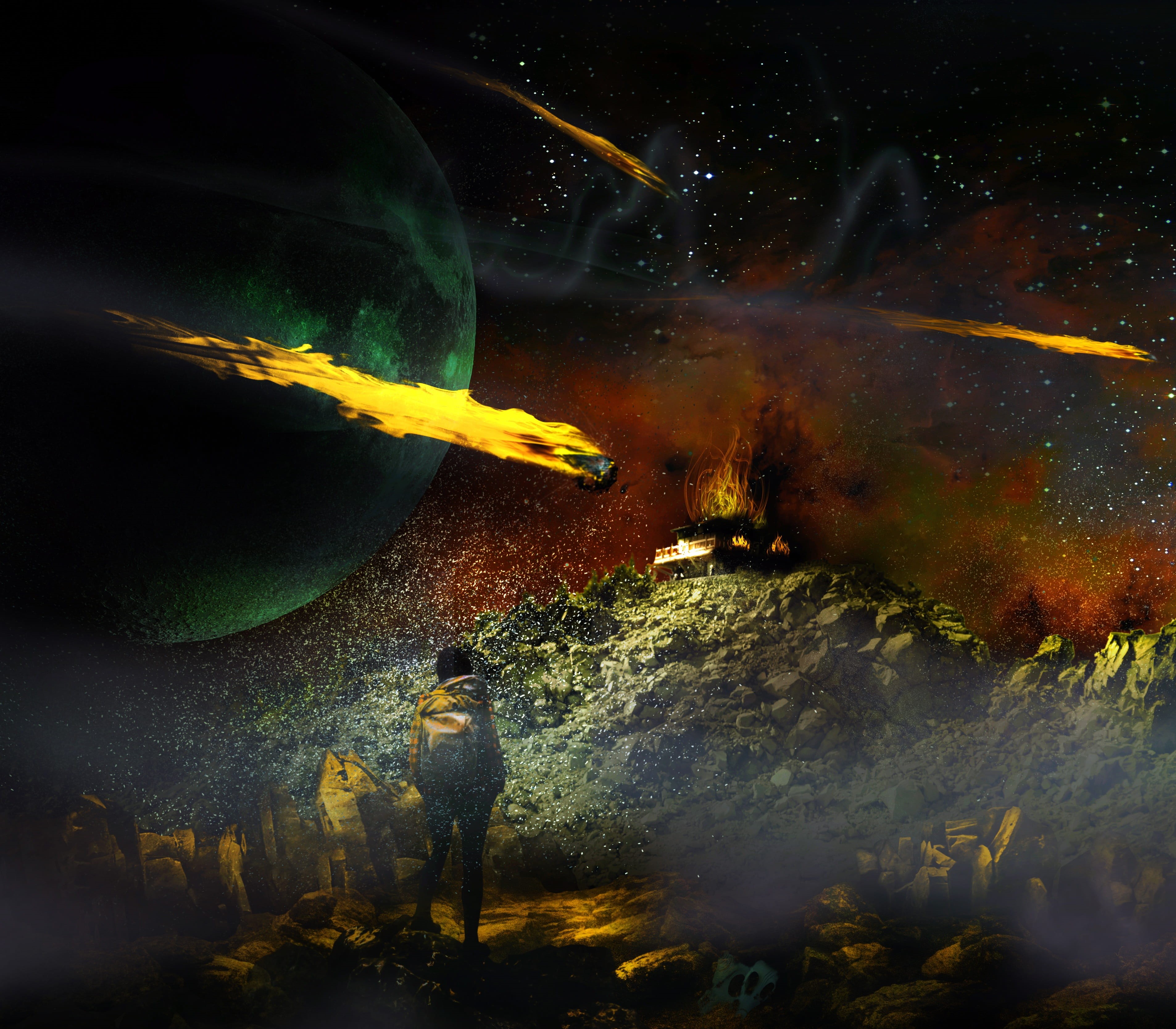 2K, fire, sea, mountains, wow, animal, surreal, watchtower, group of animals, futuristic, digital composite, astronomy, person, green, asteroids, scary, HD Wallpaper