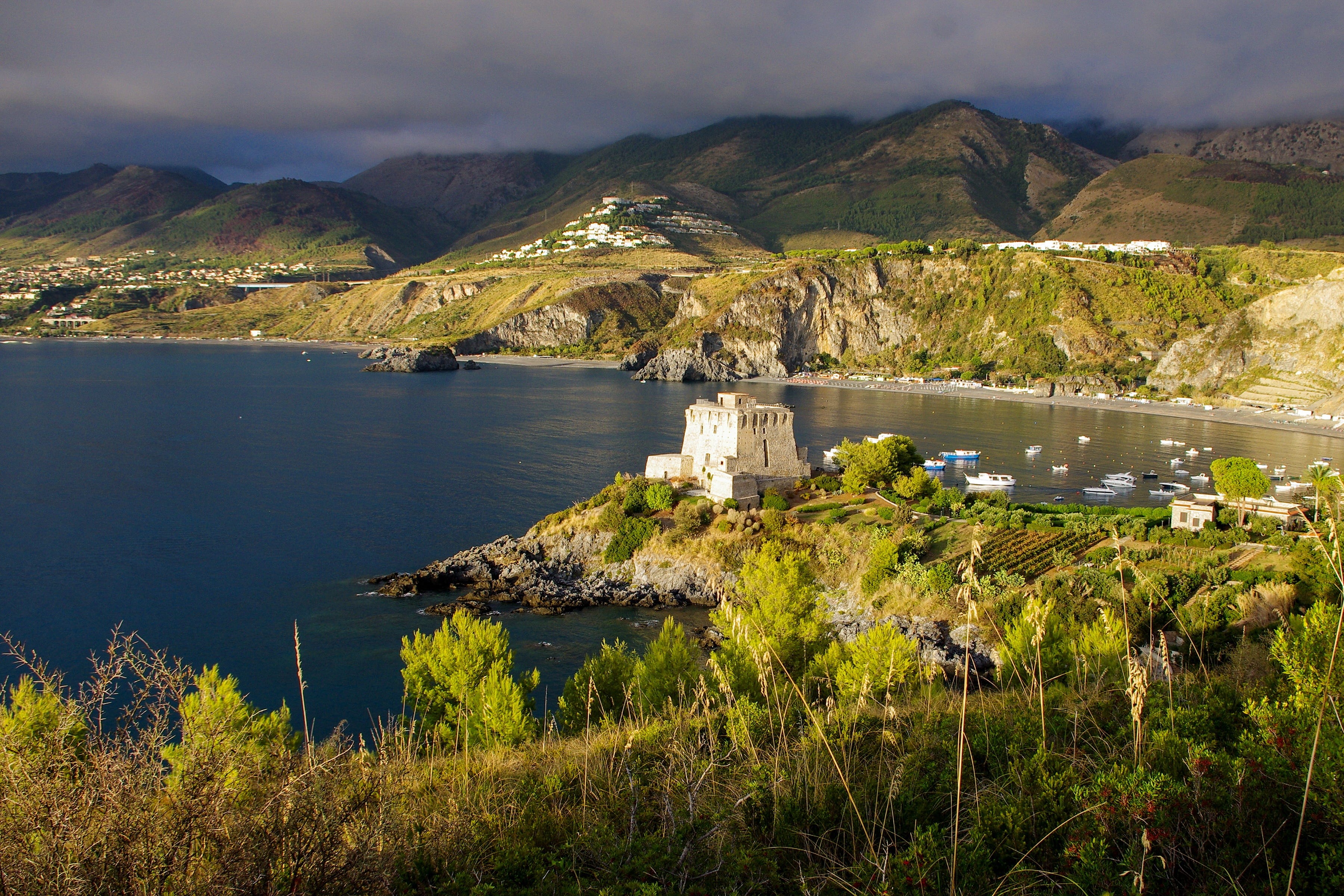 mountain, 2K, tranquil scene, architecture, the end of the summer, thunderstorm, day, italy, plant, clouds, high angle view, praia a mare, tranquility, HD Wallpaper