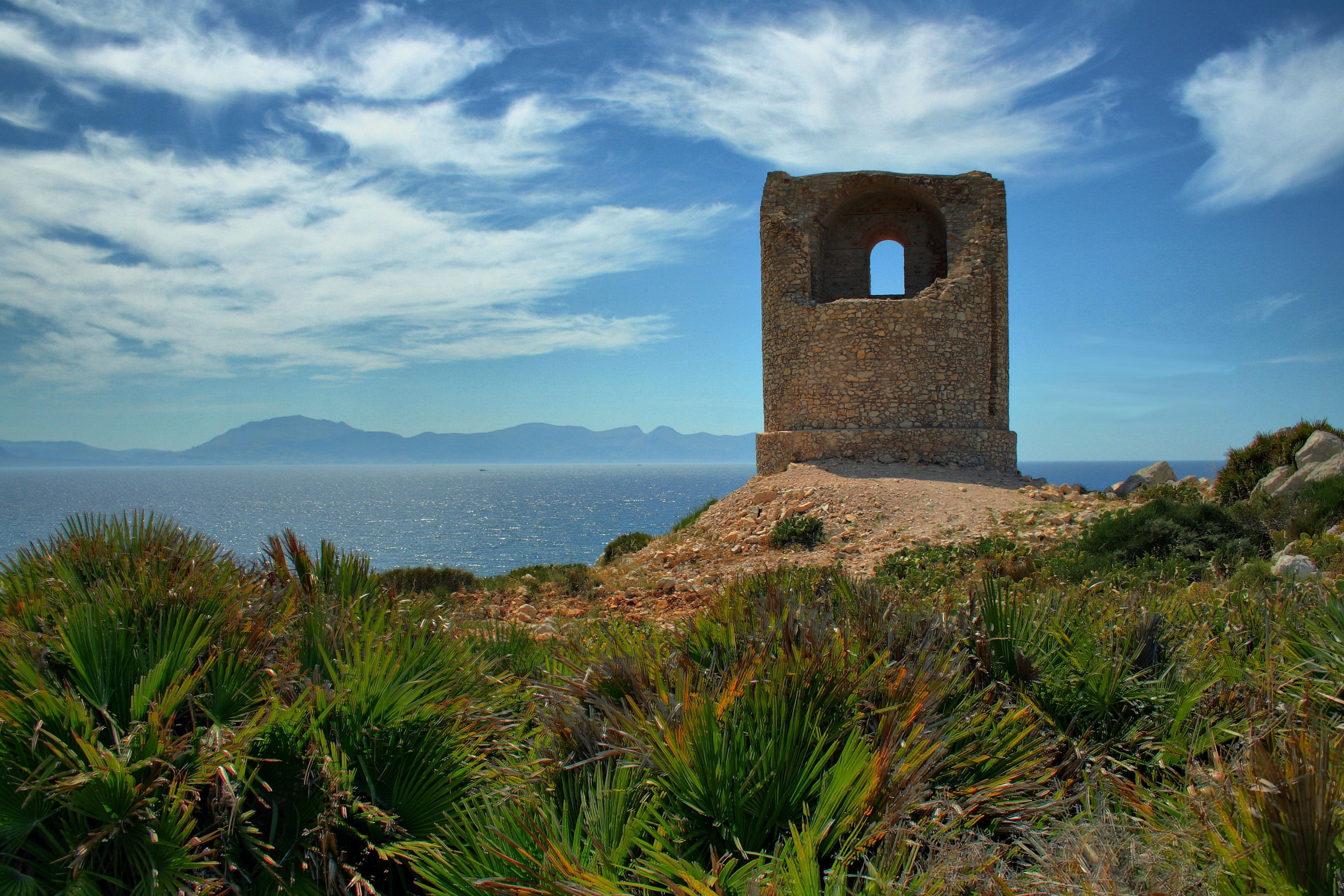 plant, the past, 2K, old, mediterranean, ruined, ancient, ancient civilization, water, day, watchtower, tower, no people, cloud - sky, castle, sky, building exterior, HD Wallpaper