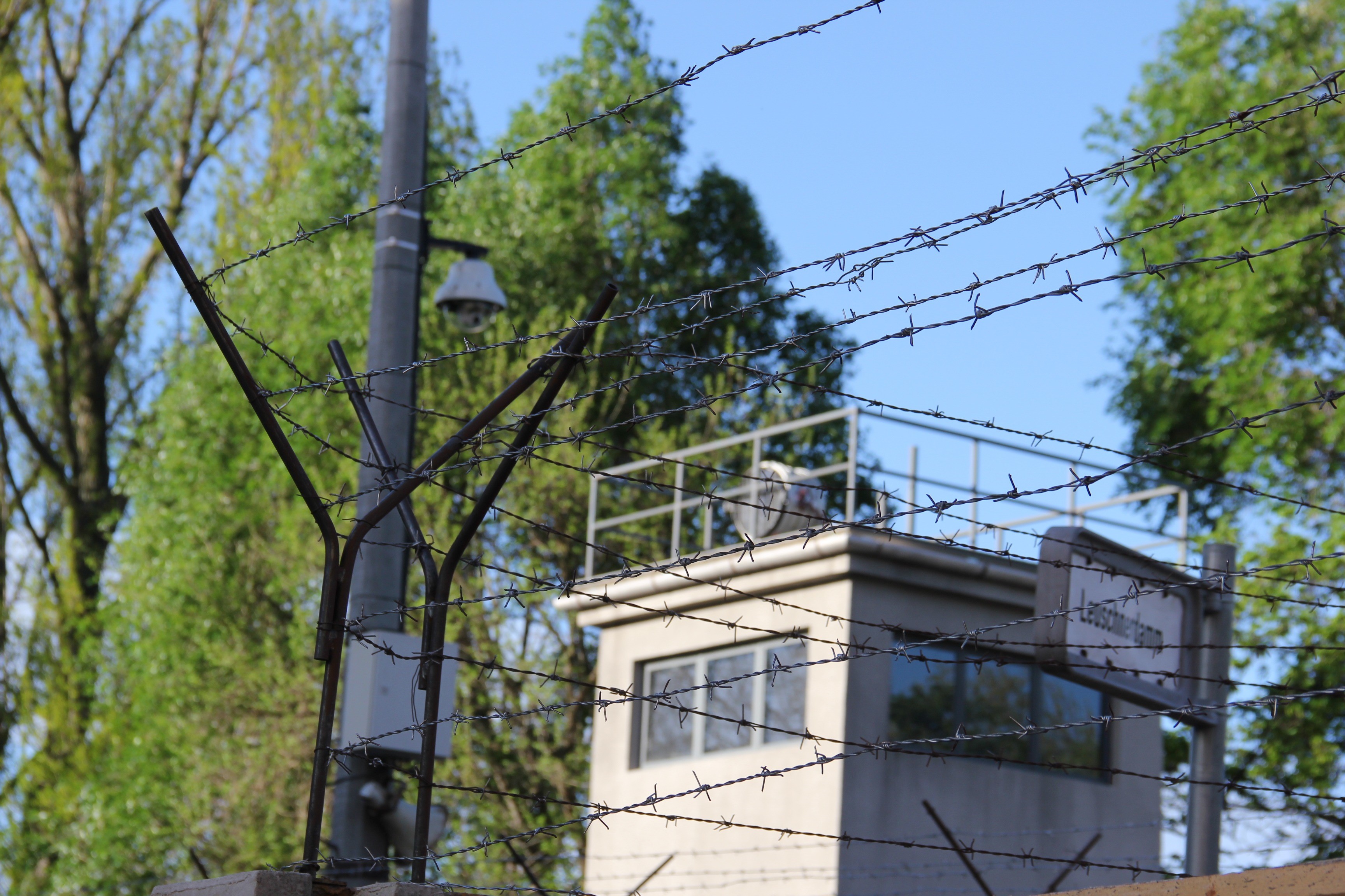 barbed wire, tree, gdr, built structure, growth, no people, cable, fence, plant, nature, german, day, closed, 2K, tower, barrier, architecture, building, HD Wallpaper