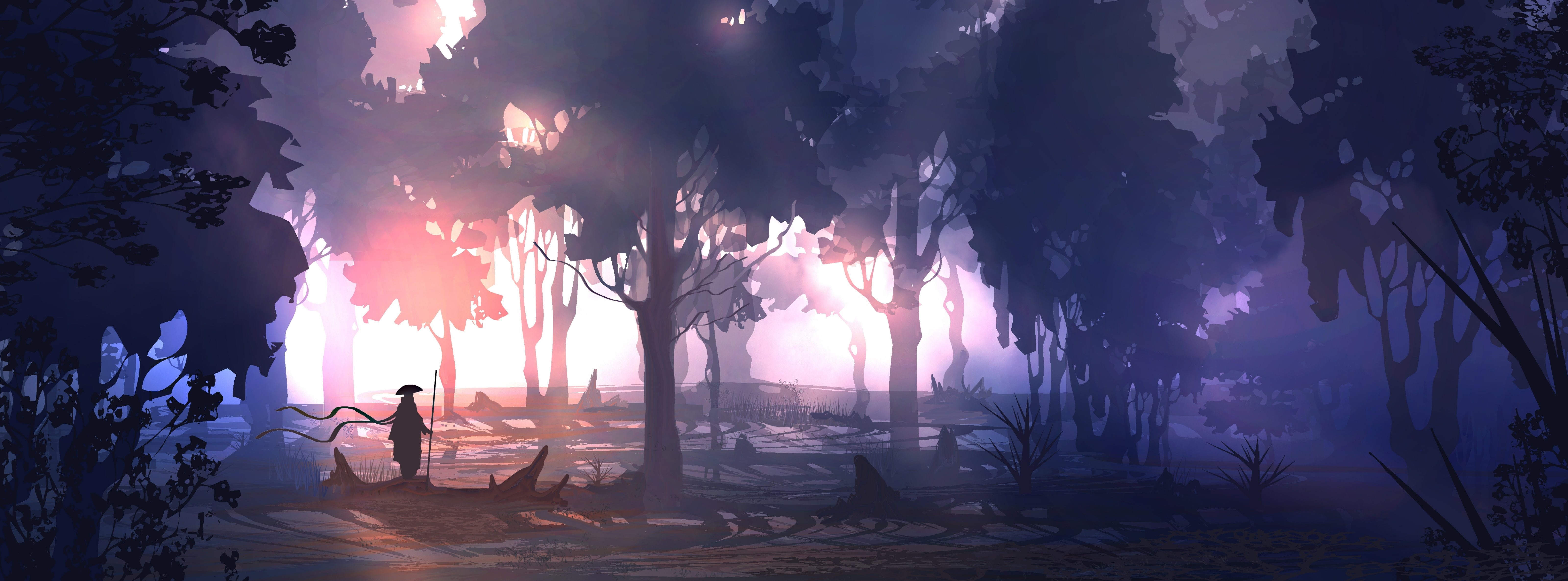 #sunlight, 5K, Artistic, #drawing, #painting, #digitalart, #samurai, #landscape, oriental, #fantasy, #forest, #amazingart, Fantasy, #mansilhouette, art, HD Wallpaper