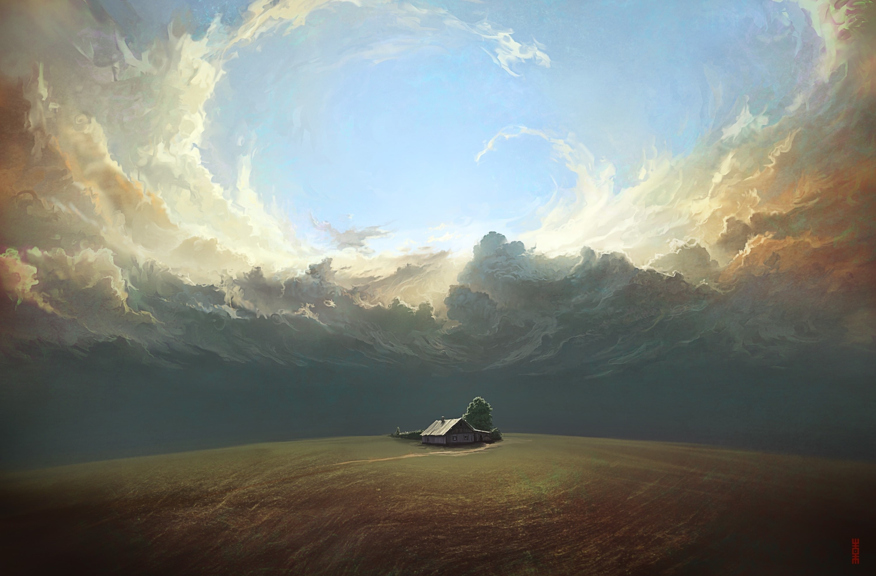 Nature, Landscape, 2K, Clouds, Painting, bestartever, Artistic, digitalart, Field, House, Artwork, Drawings, HD Wallpaper