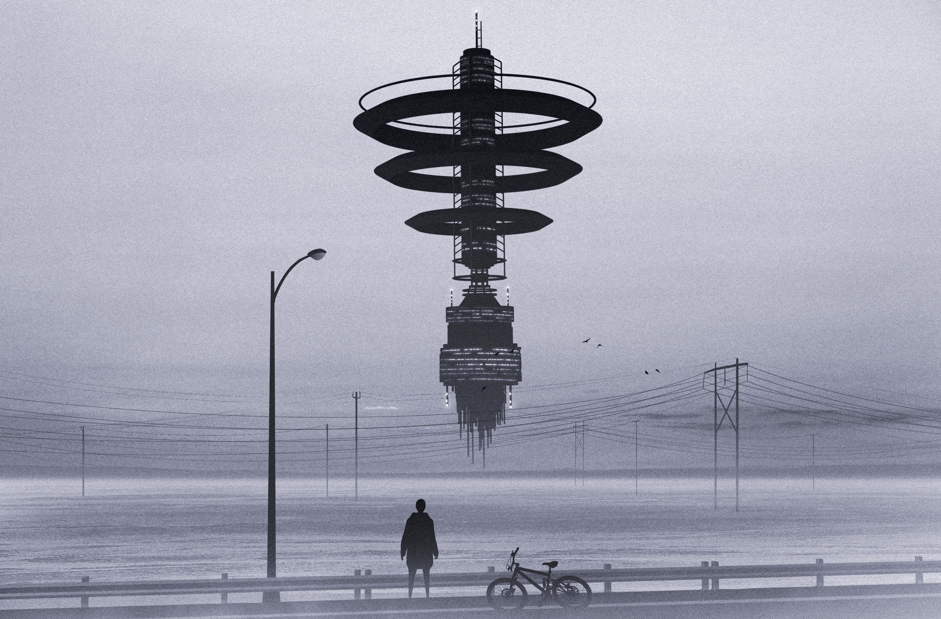 spaceship, tower, Artwork, observing, men, winter, 2K, outdoors, gloomy, Surprised, Character, astonished, astonishing, day, graphicdesign, street light, HD Wallpaper
